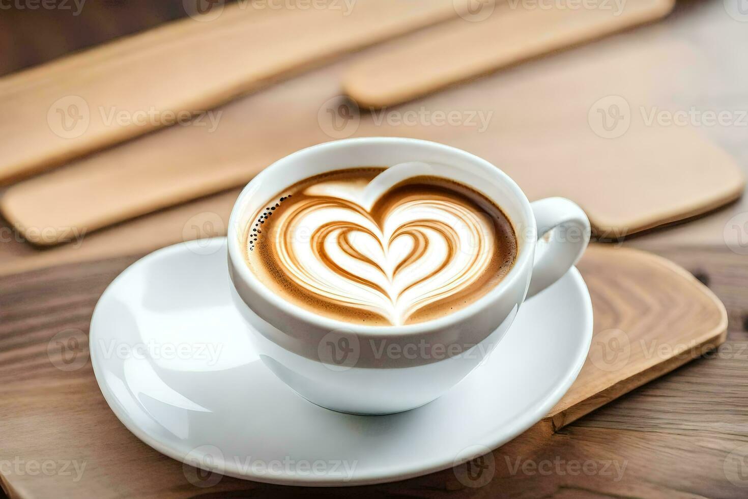 a heart shaped latte in a white cup on a wooden table. AI-Generated photo