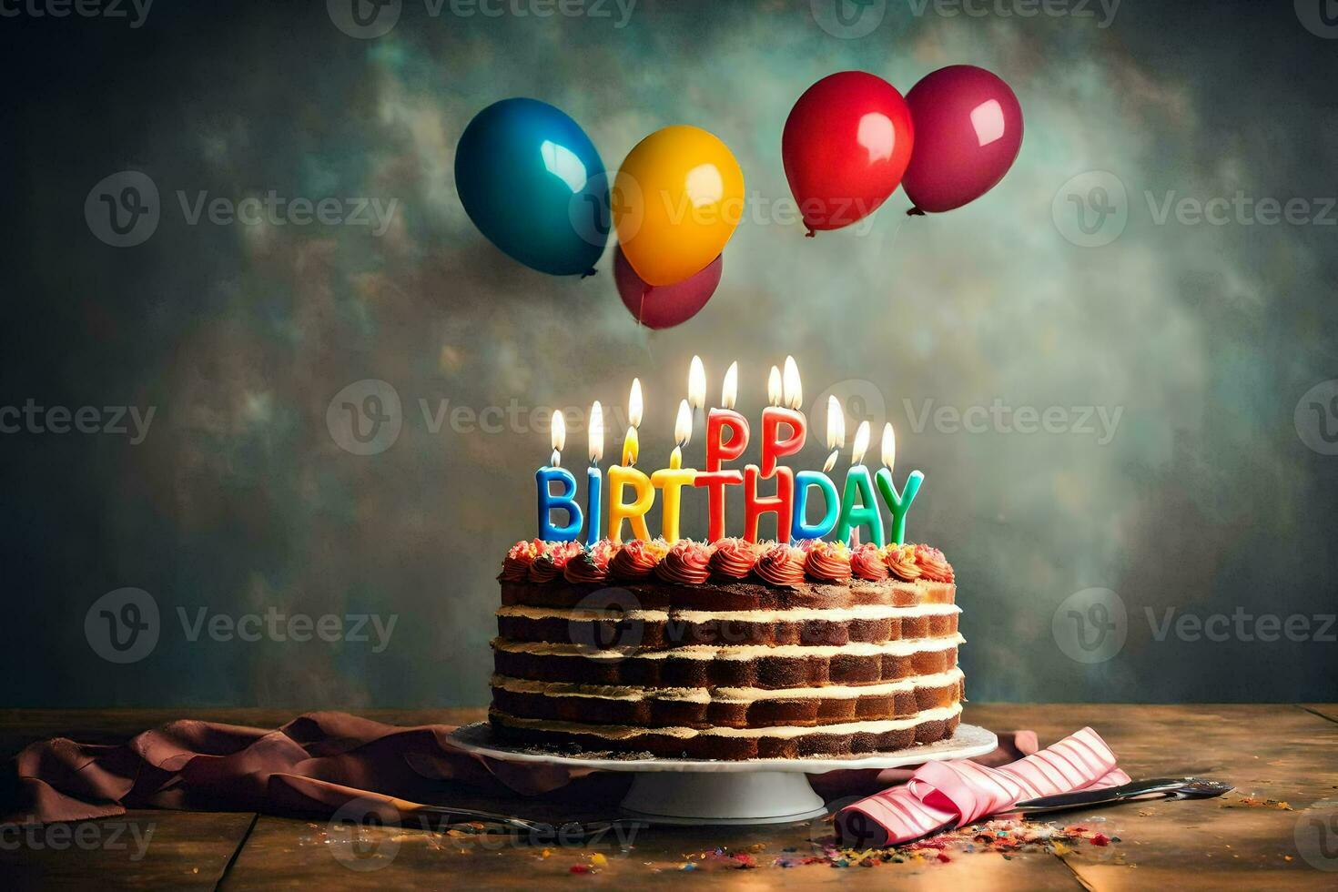 a birthday cake with candles on top. AI-Generated photo