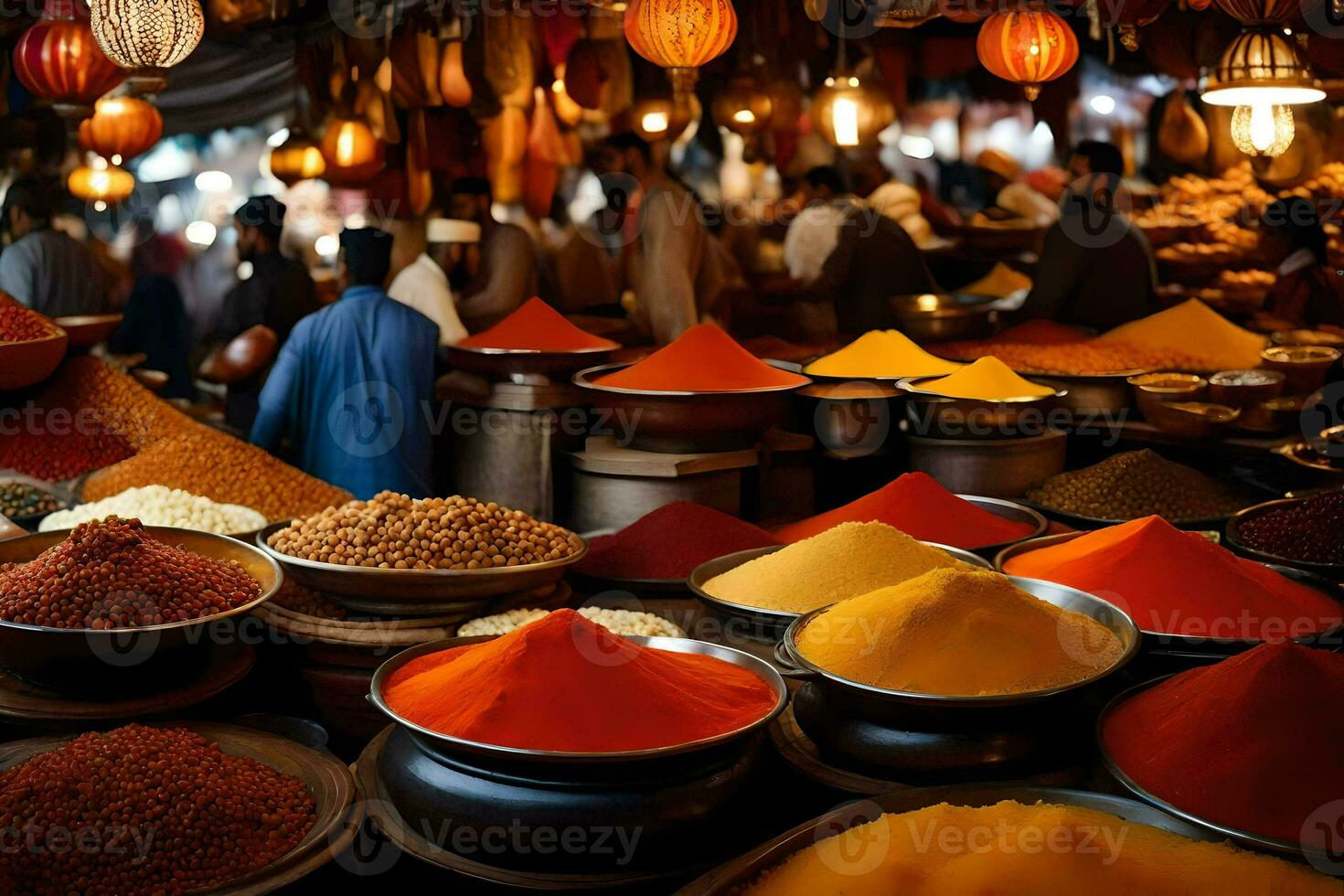 many bowls of spices are on display in a market. AI-Generated photo