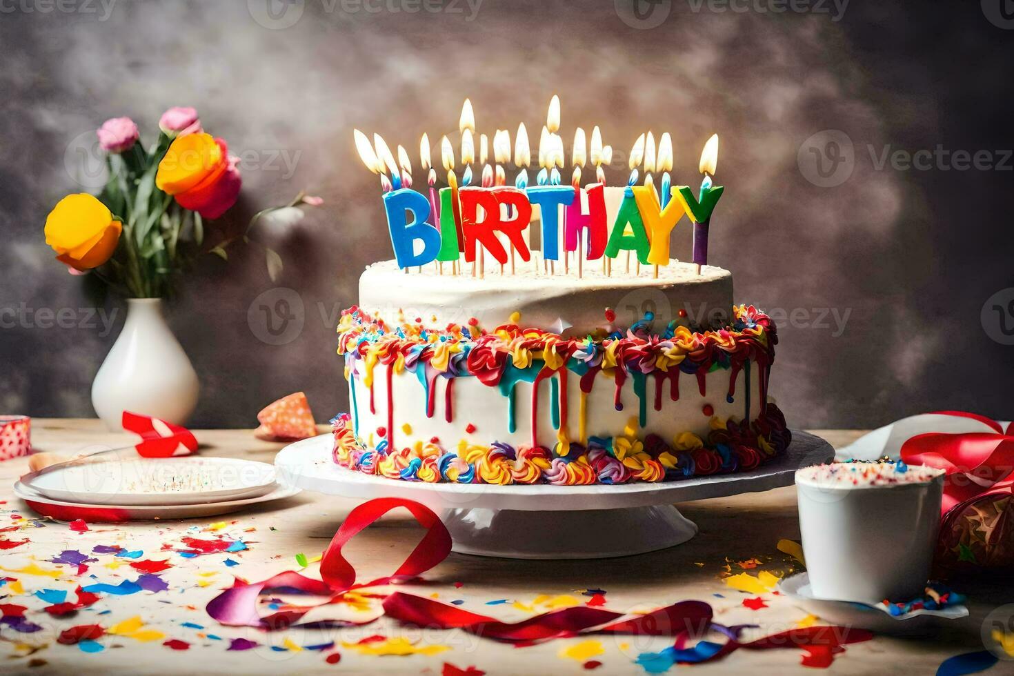 a birthday cake with candles and confetti. AI-Generated photo