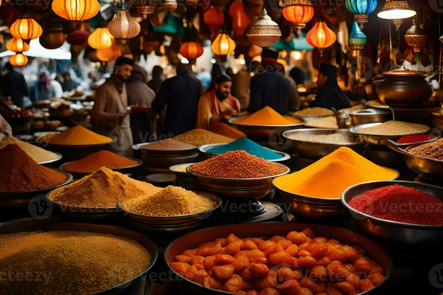 a market with many bowls of spices and food. AI-Generated photo