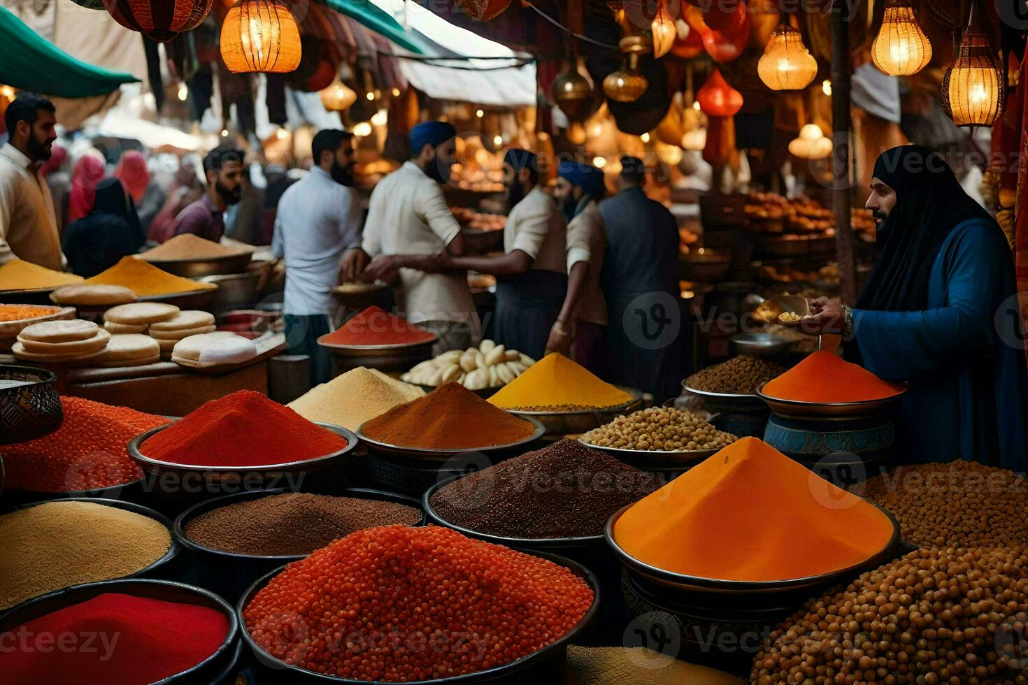 a market with many bowls of spices and people. AI-Generated photo