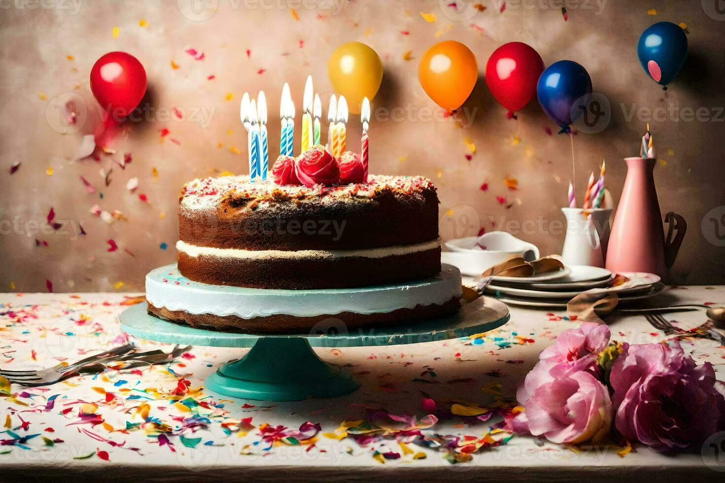 un cumpleaños pastel con velas en él. generado por ai foto