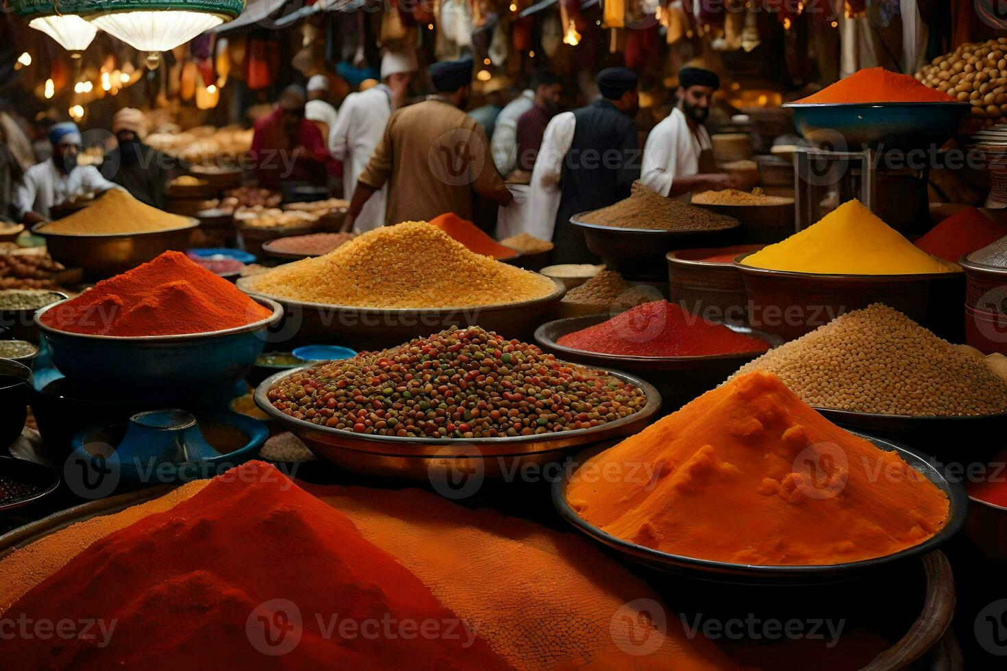 un mercado con muchos bochas de especias y otro elementos. generado por ai foto