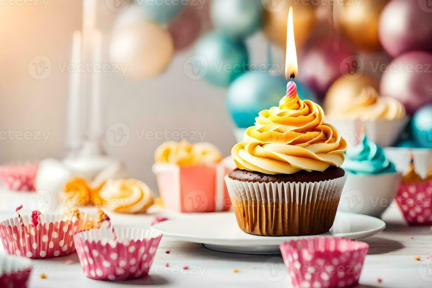 a cupcake with a candle on top. AI-Generated photo