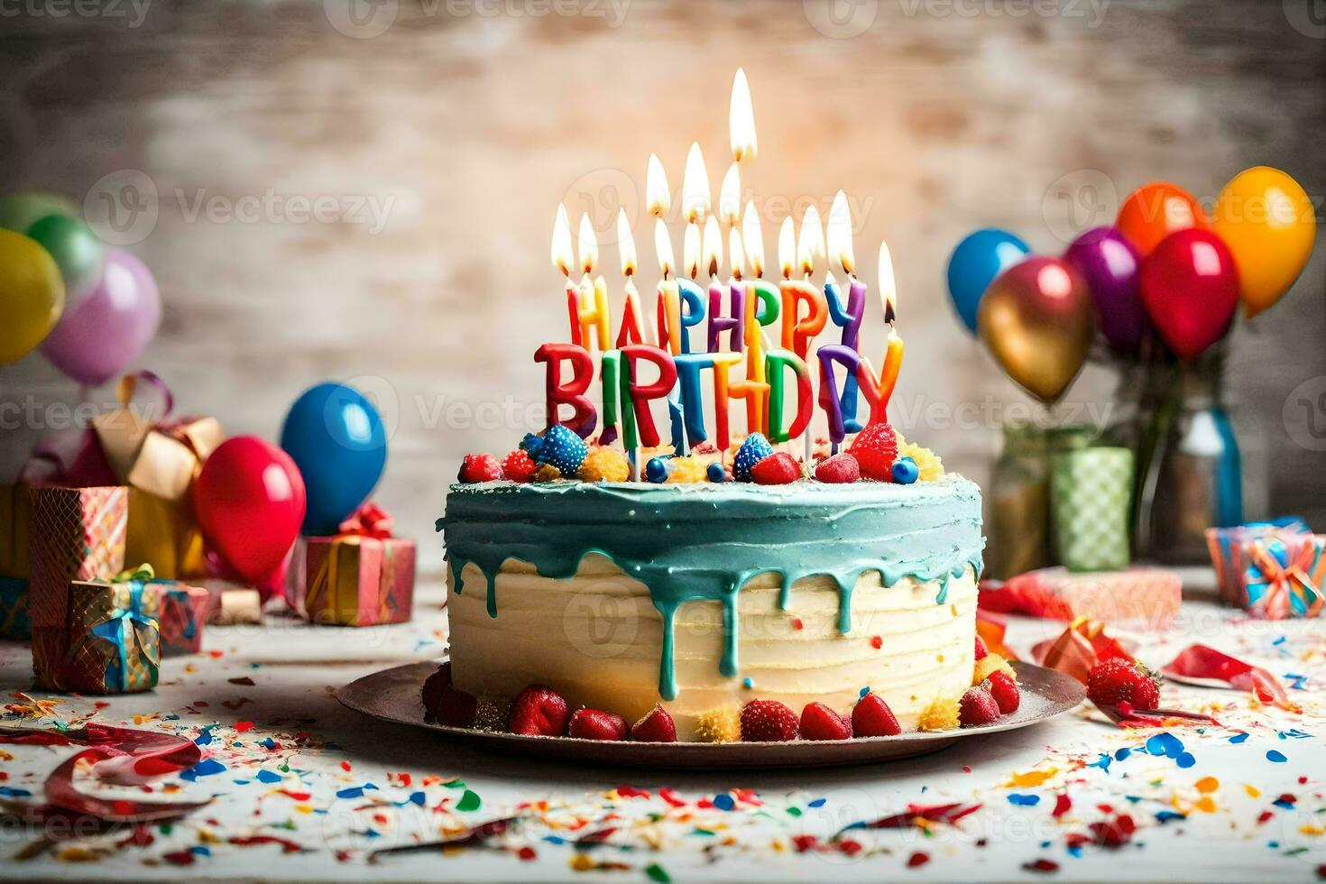 happy birthday cake with candles. AI-Generated photo