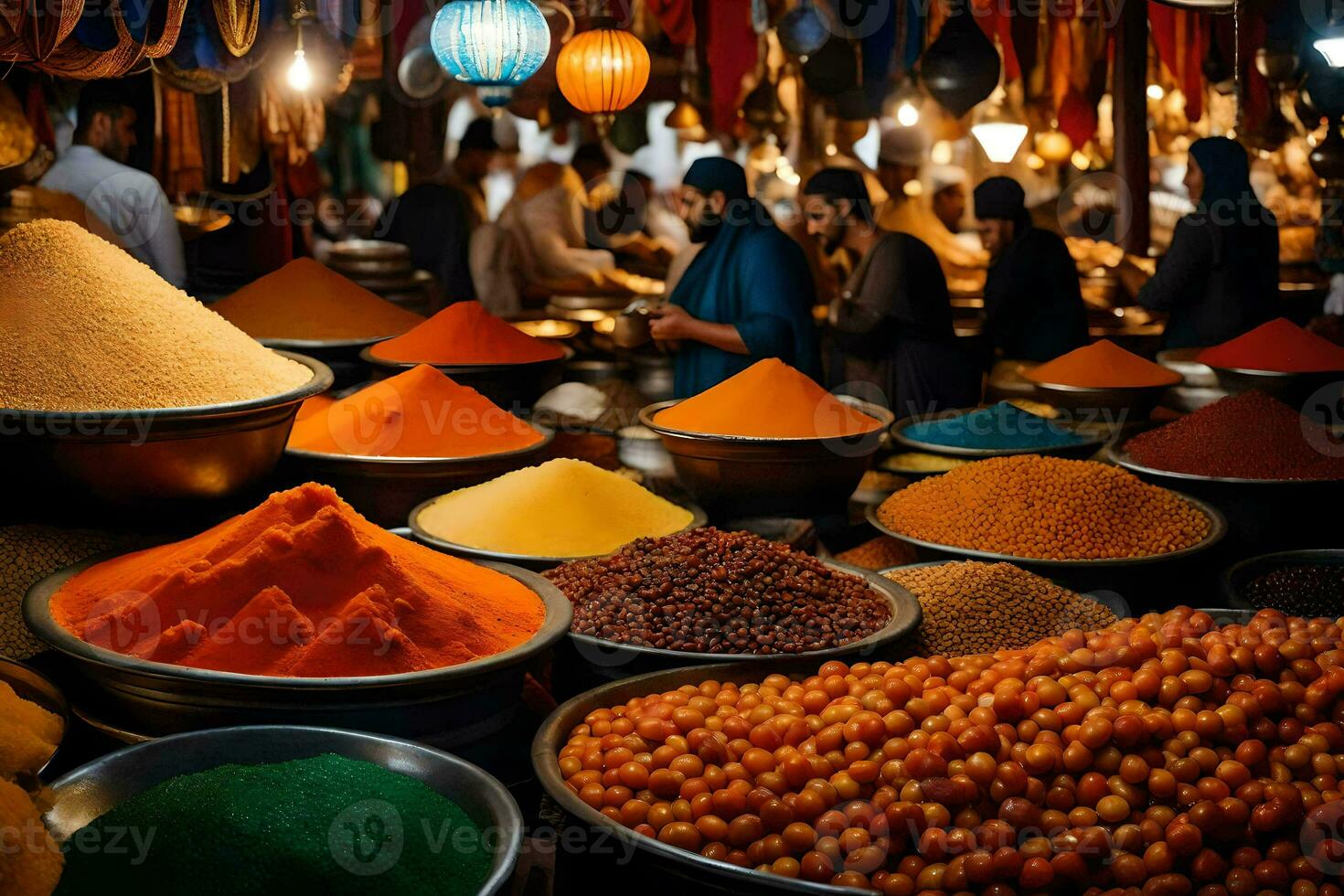 a market with many colorful spices and bowls. AI-Generated photo