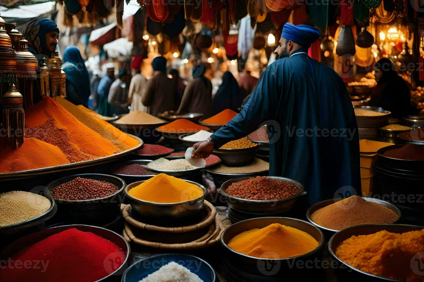 un hombre es en pie en frente de un mercado con muchos bochas de especias generado por ai foto