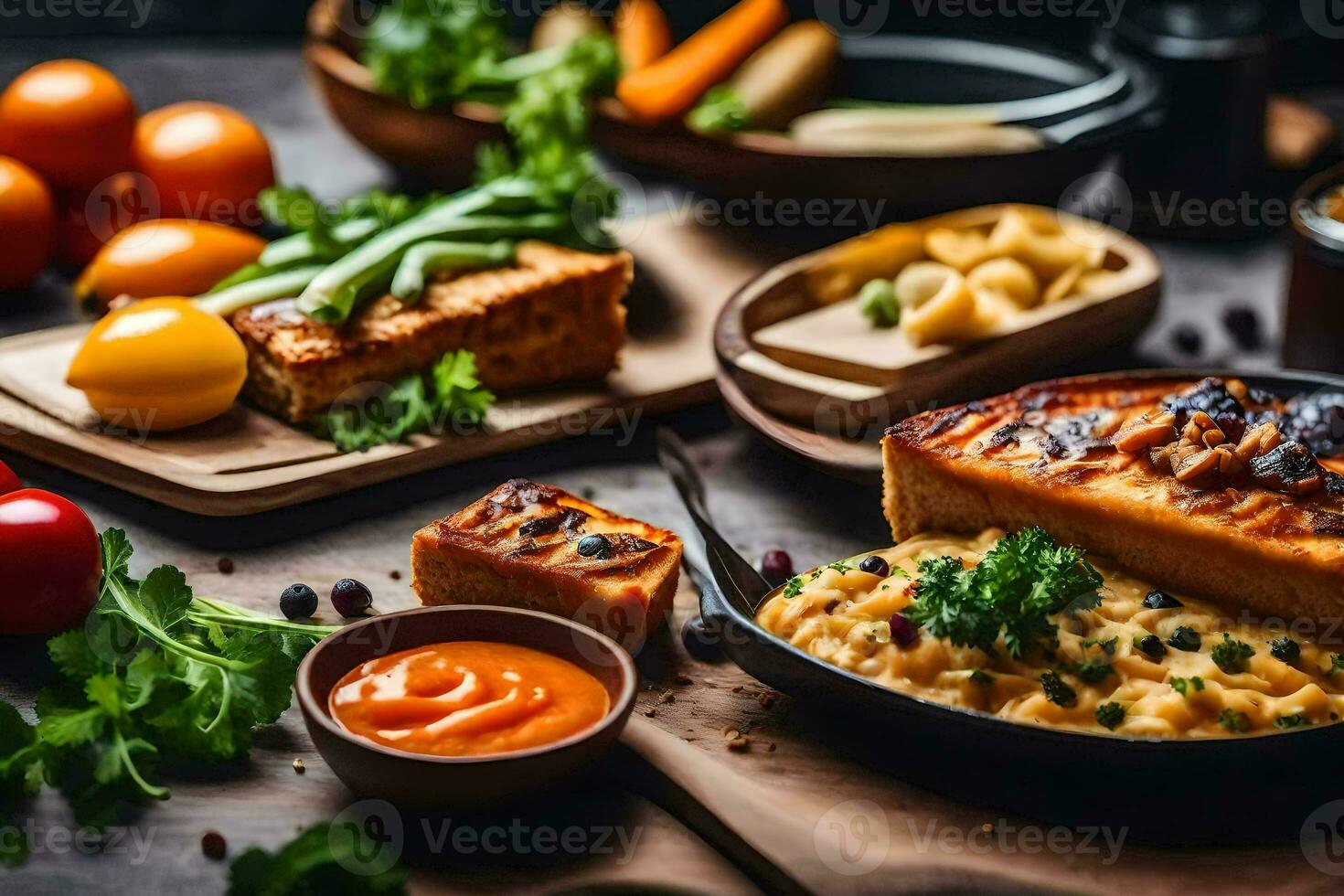 a variety of food on a wooden table. AI-Generated photo