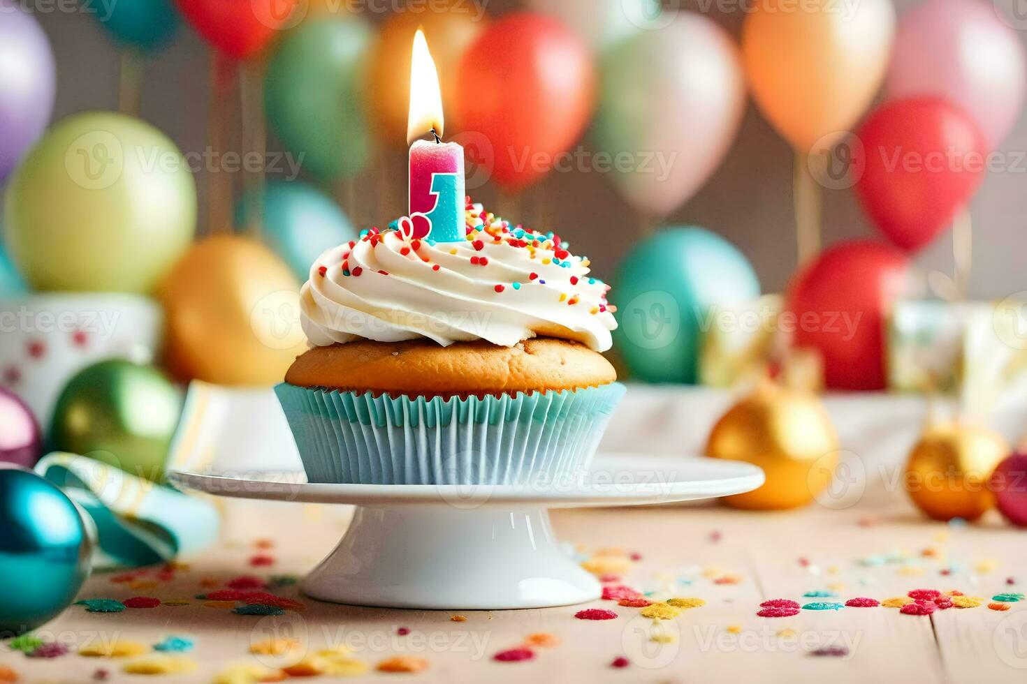 a cupcake with a lit candle on top of a table. AI-Generated photo