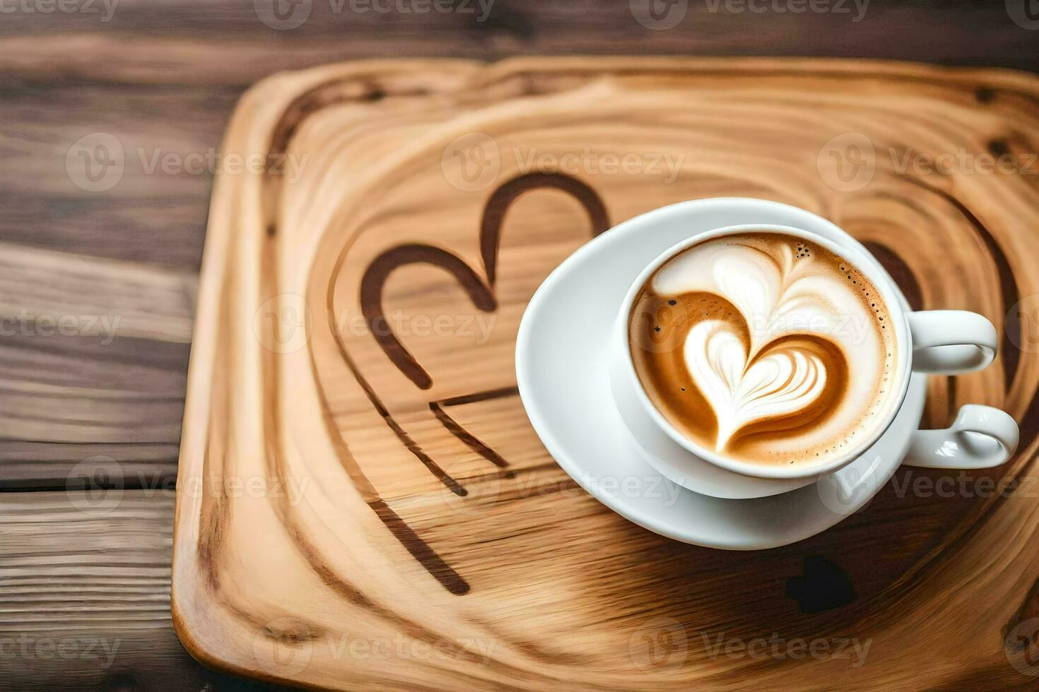 a cup of coffee with heart shape on a wooden tray. AI-Generated photo