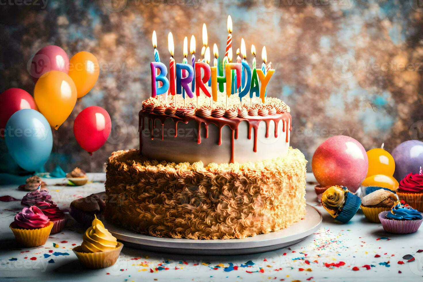 un cumpleaños pastel con velas en parte superior y globos generado por ai foto