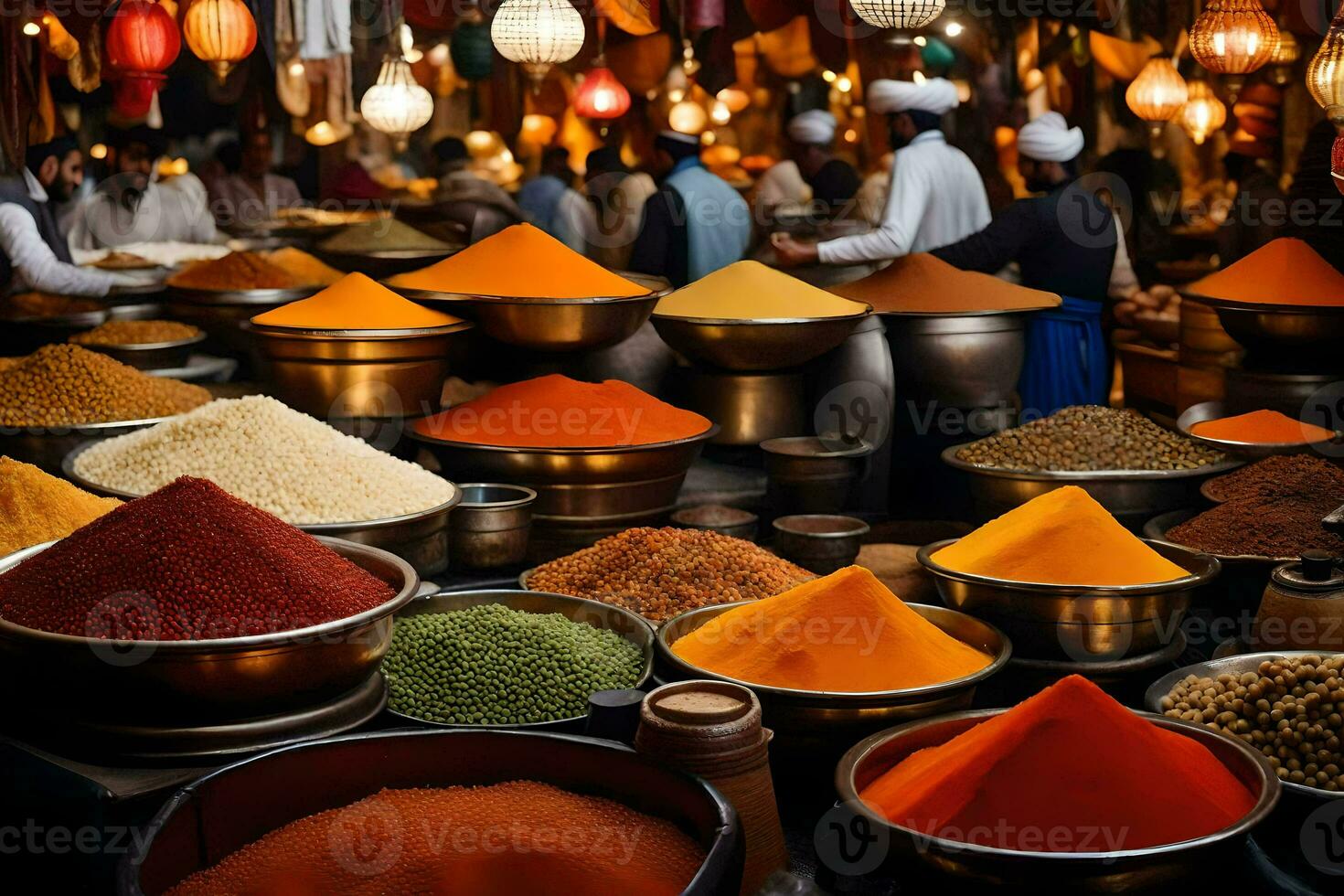 a market with many bowls of spices and other items. AI-Generated photo