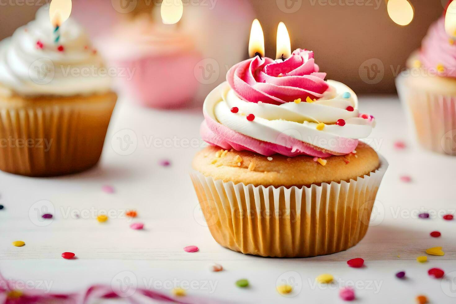 un magdalena con rosado Crema y dos iluminado velas generado por ai foto