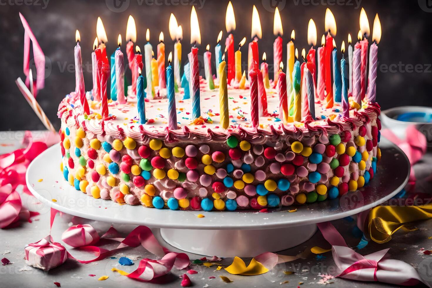 a birthday cake with many lit candles. AIGenerated 33777734 Stock