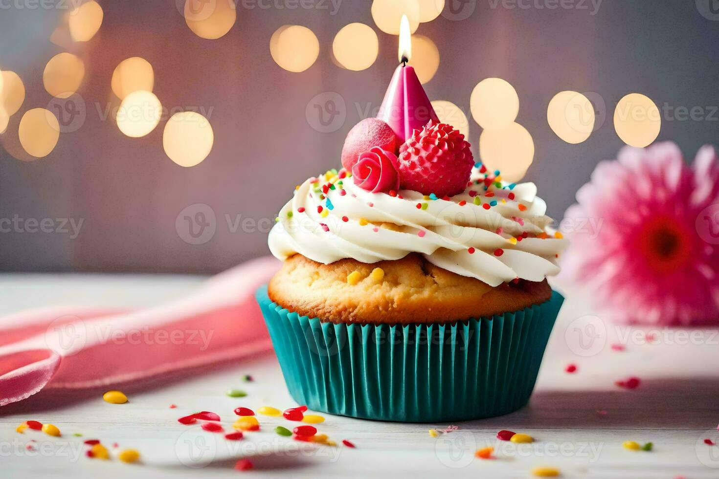 a cupcake with a candle on top. AI-Generated photo