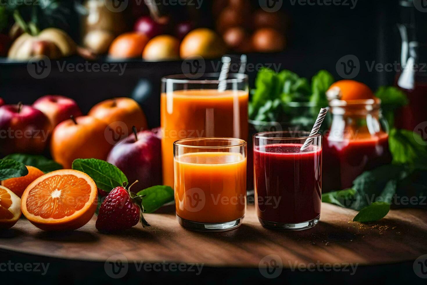 jugo y Fruta en un mesa. generado por ai foto