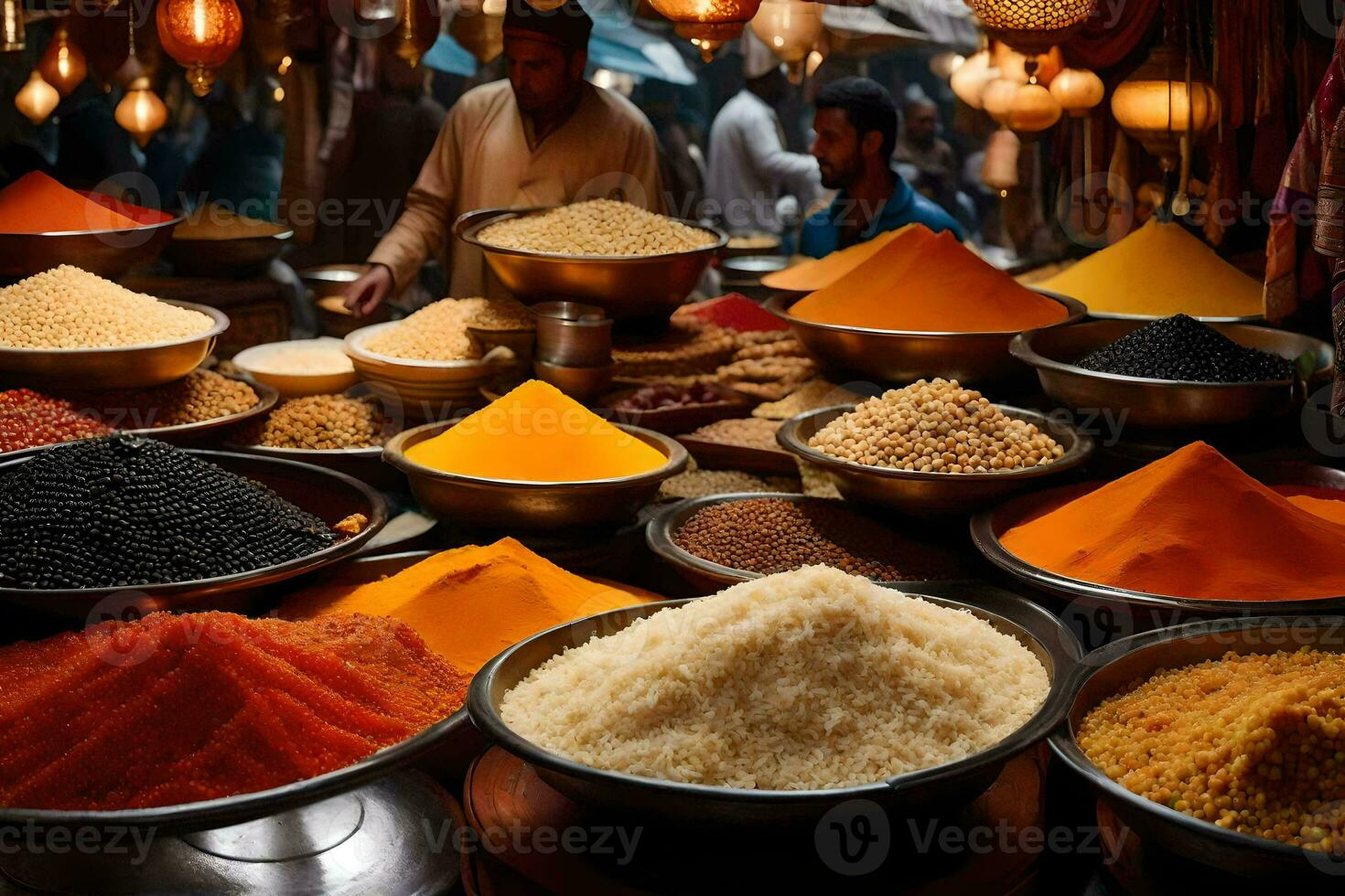 a variety of spices and other ingredients are displayed in bowls. AI-Generated photo