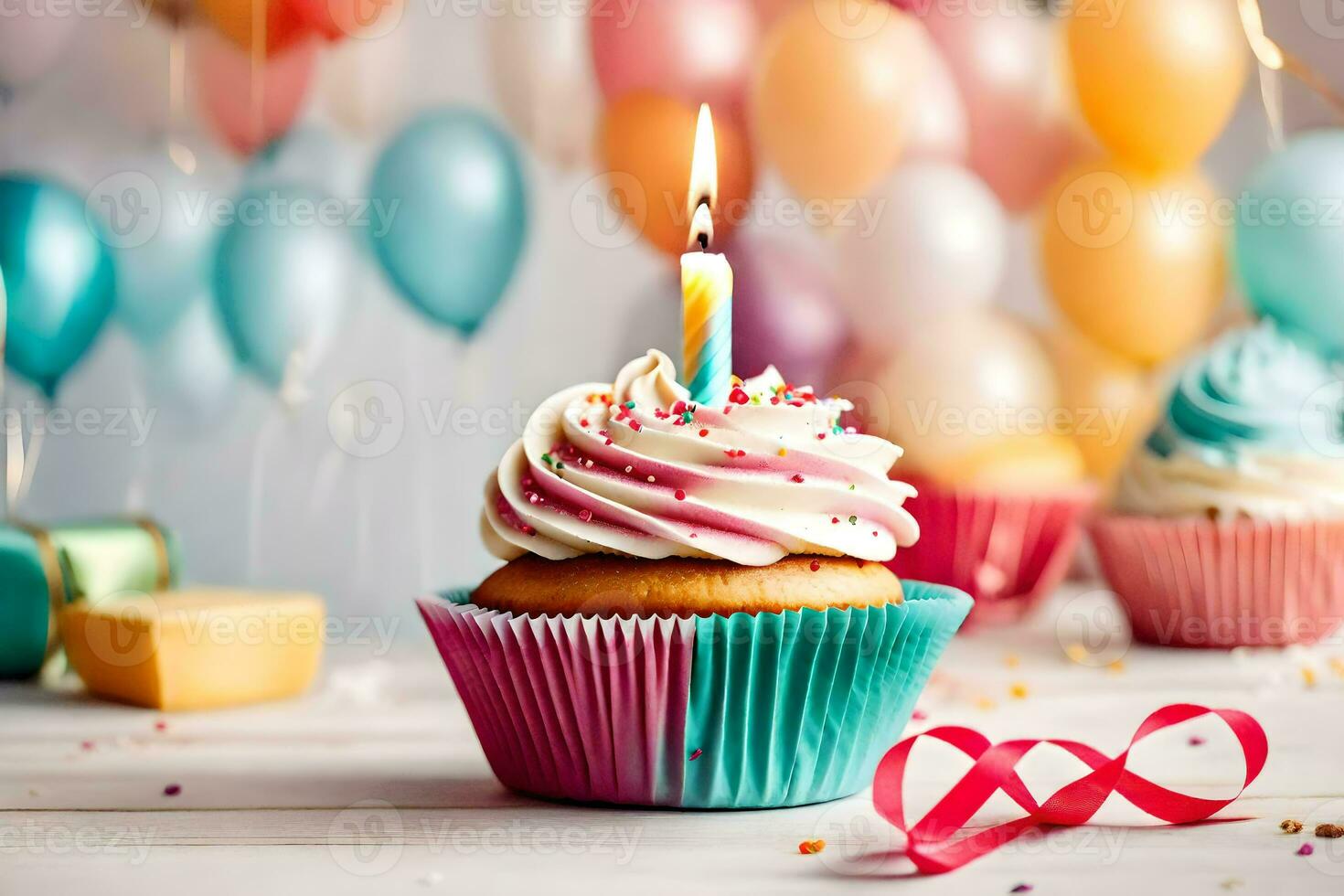 birthday cupcake with candle on white background. AI-Generated photo