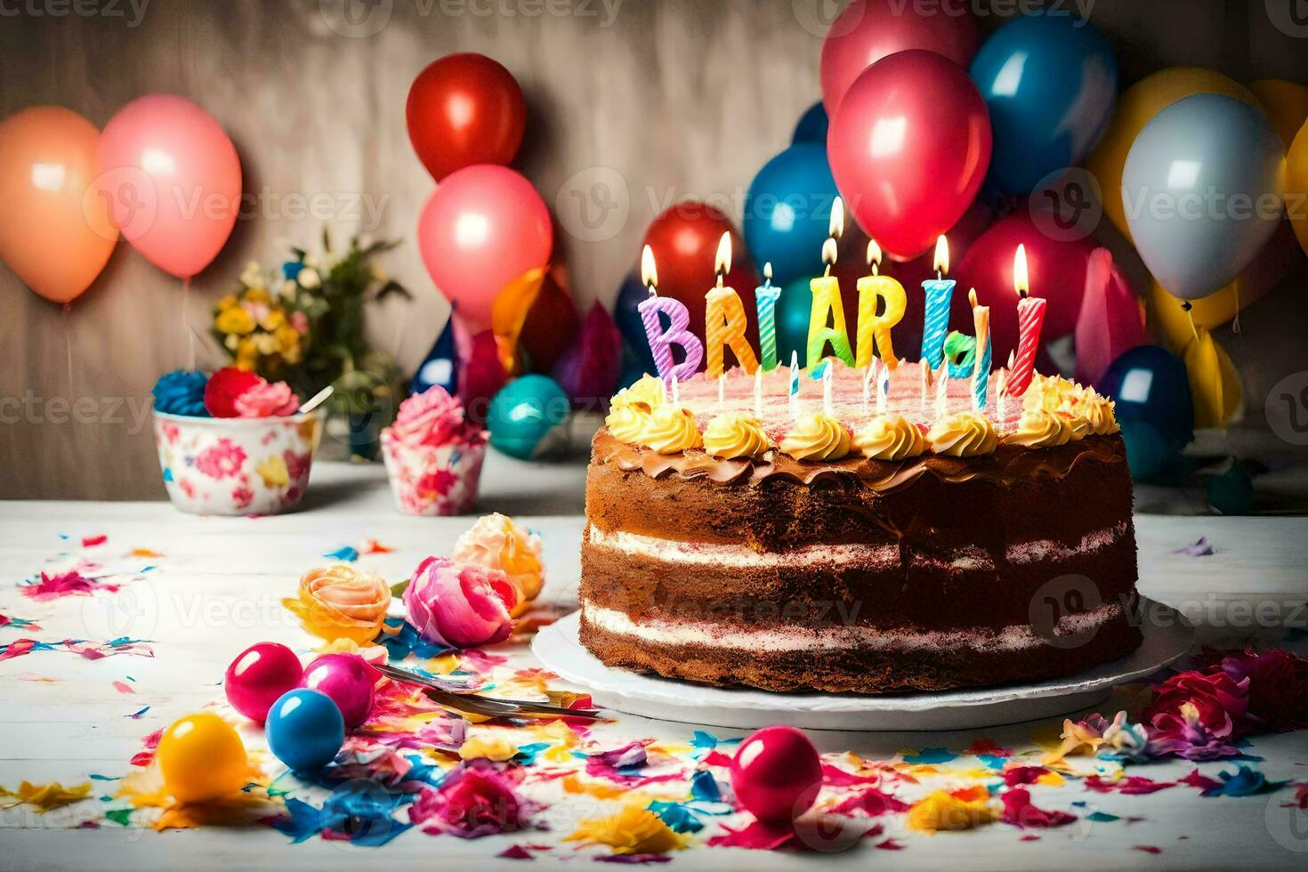 birthday cake with candles and balloons. AI-Generated photo