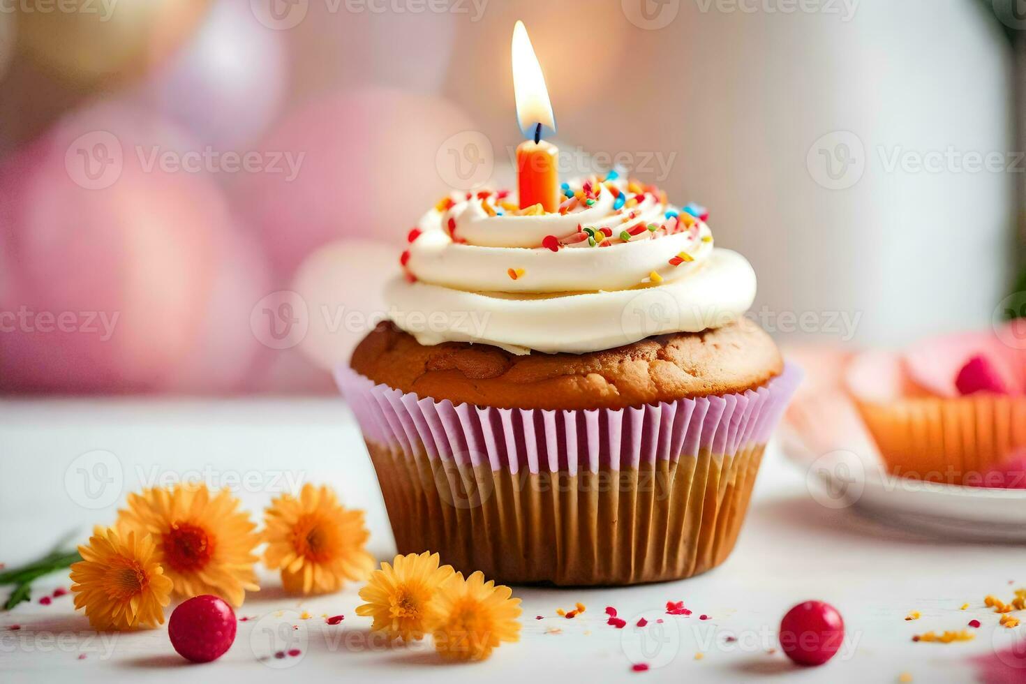 a cupcake with a candle on it. AI-Generated photo