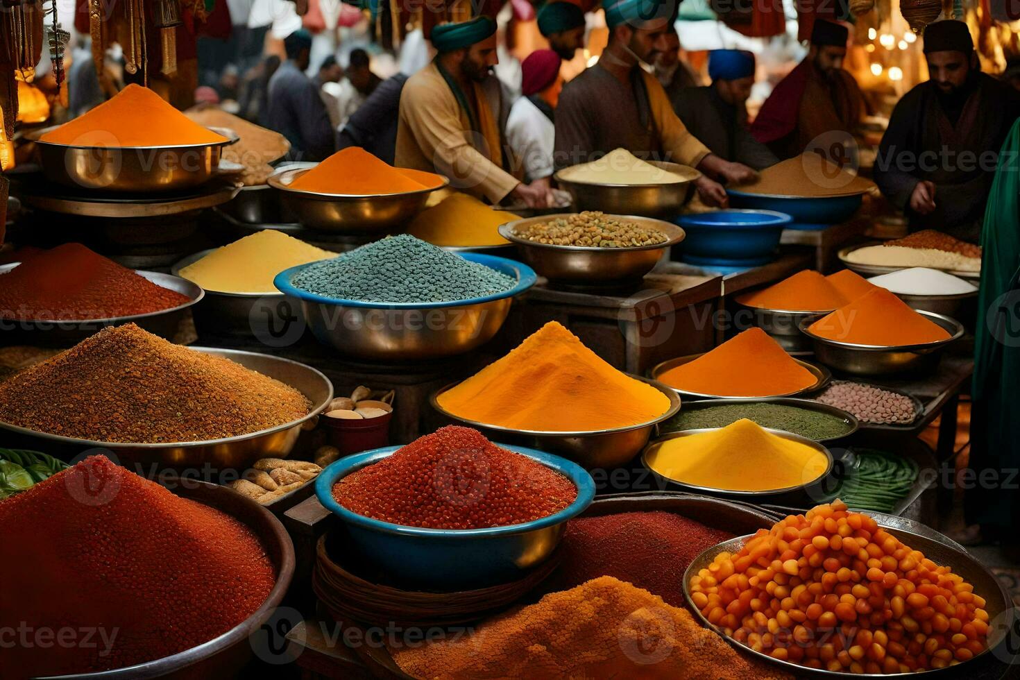 a market with many bowls of spices and other items. AI-Generated photo