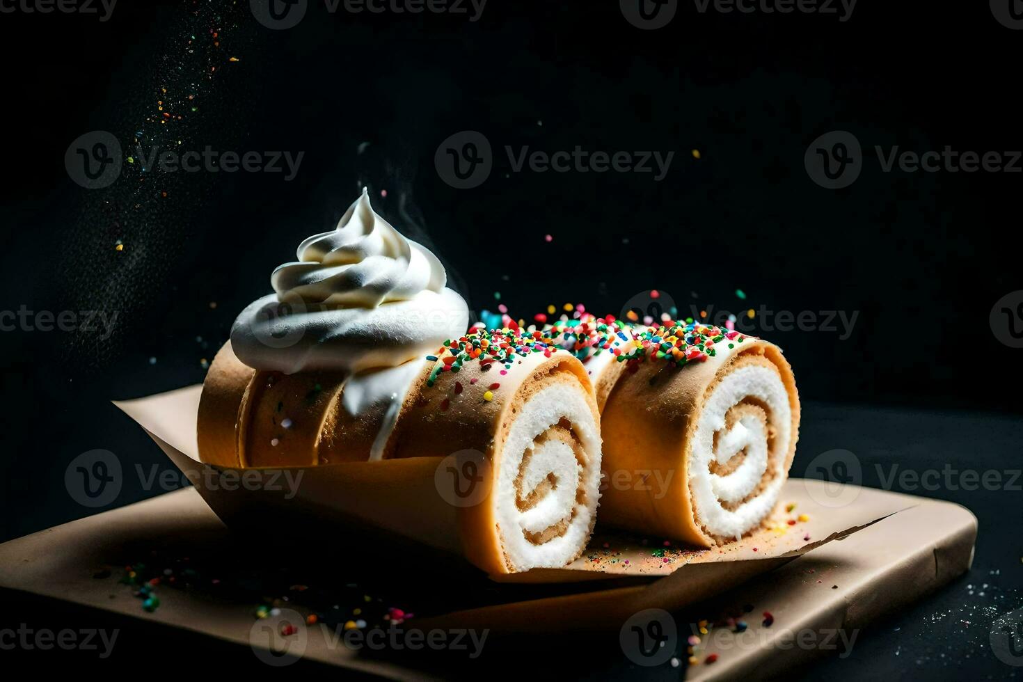 a roll of cake with whipped cream and sprinkles. AI-Generated photo