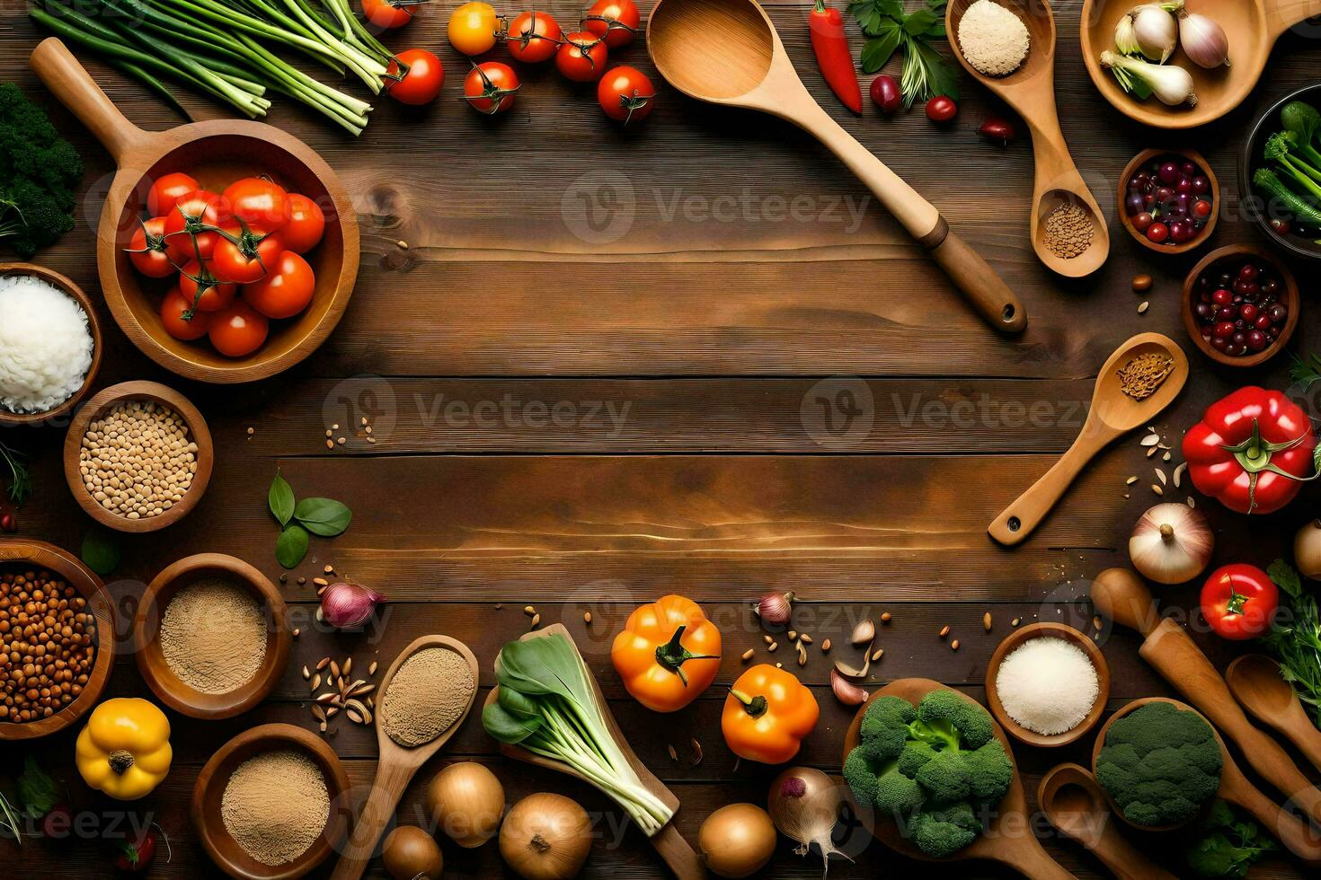 un de madera mesa con muchos diferente tipos de vegetales y especias generado por ai foto