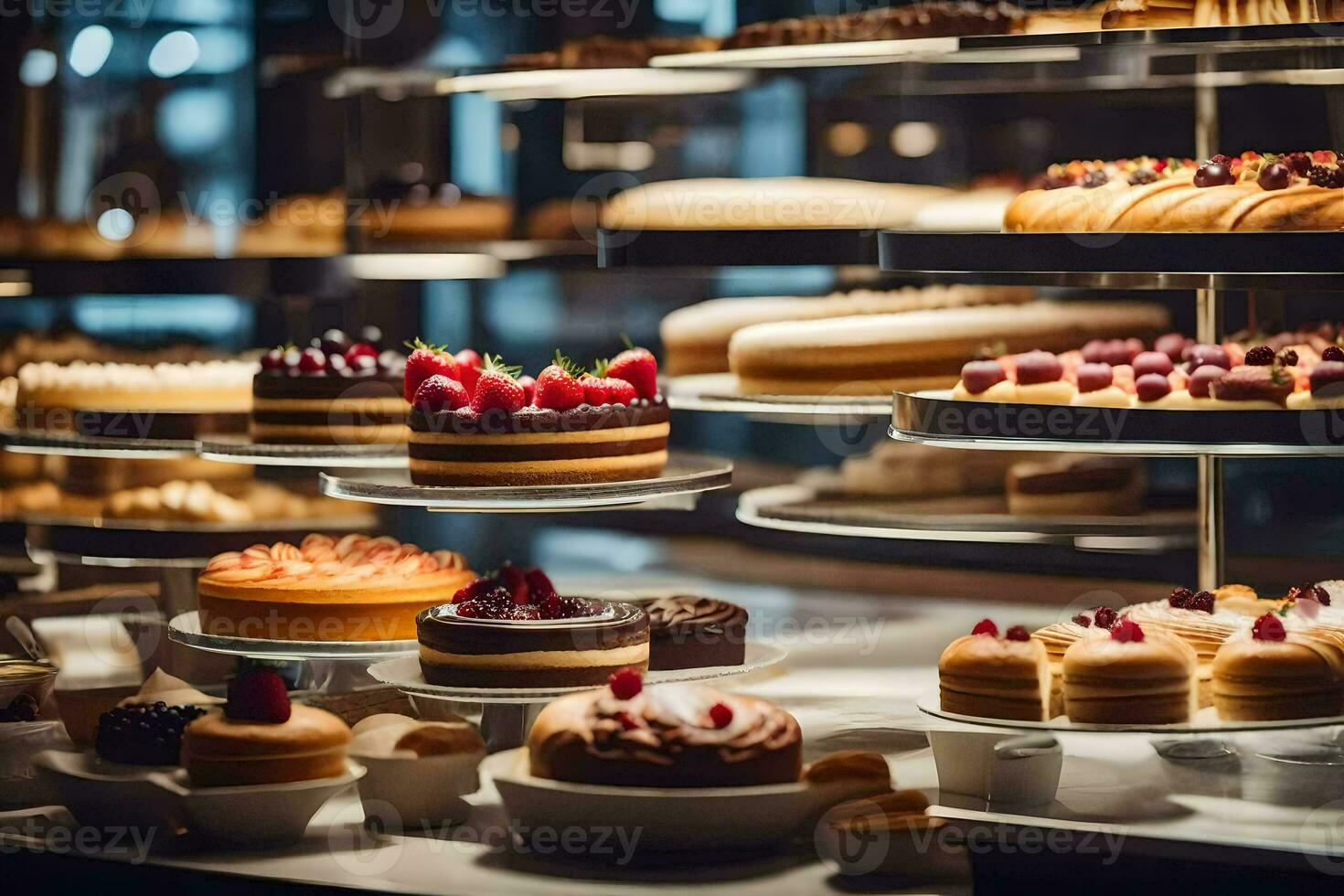 a display of cakes and pastries in a bakery. AI-Generated photo