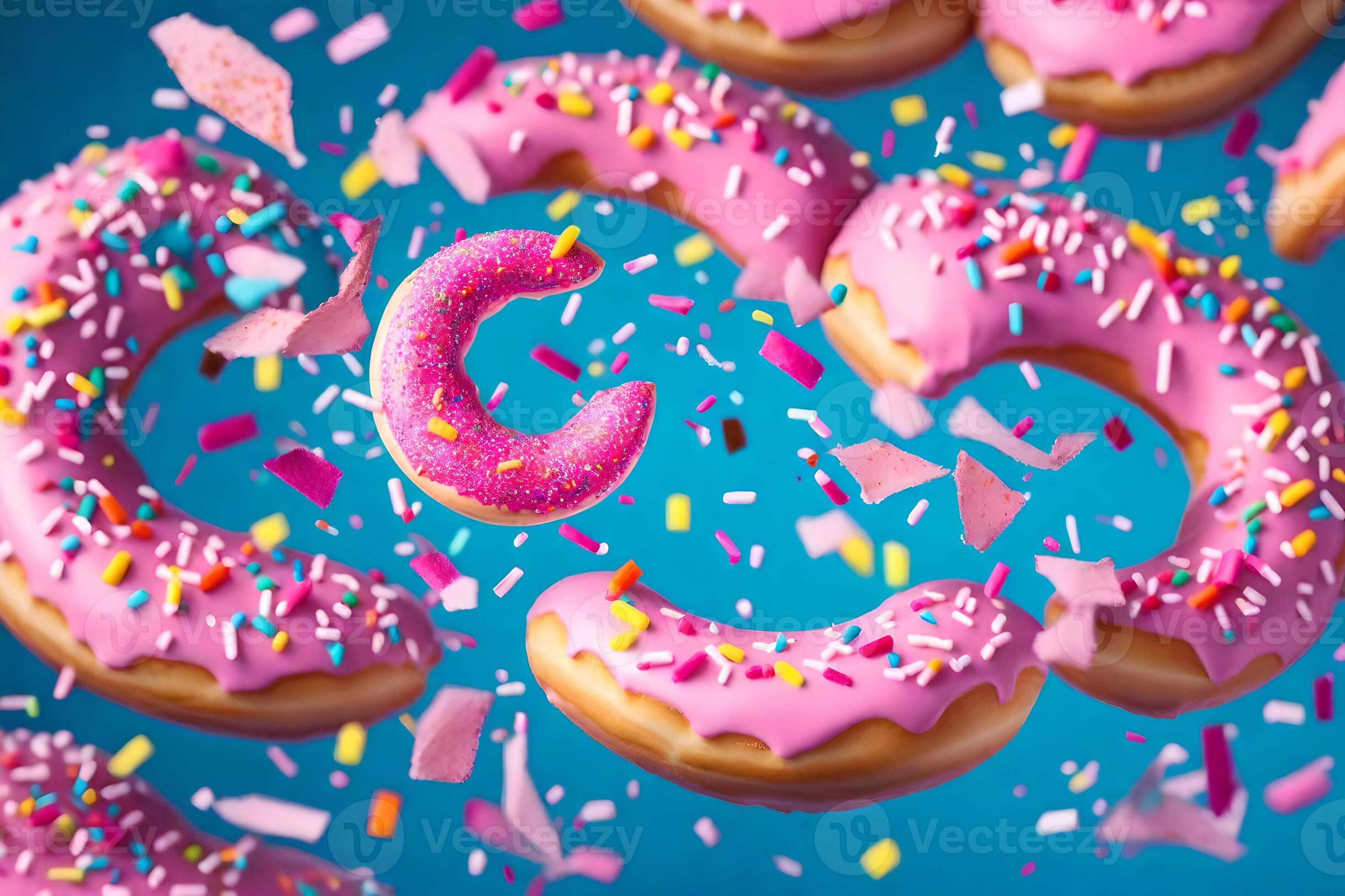 pink donuts with sprinkles and confetti falling from the sky. AI