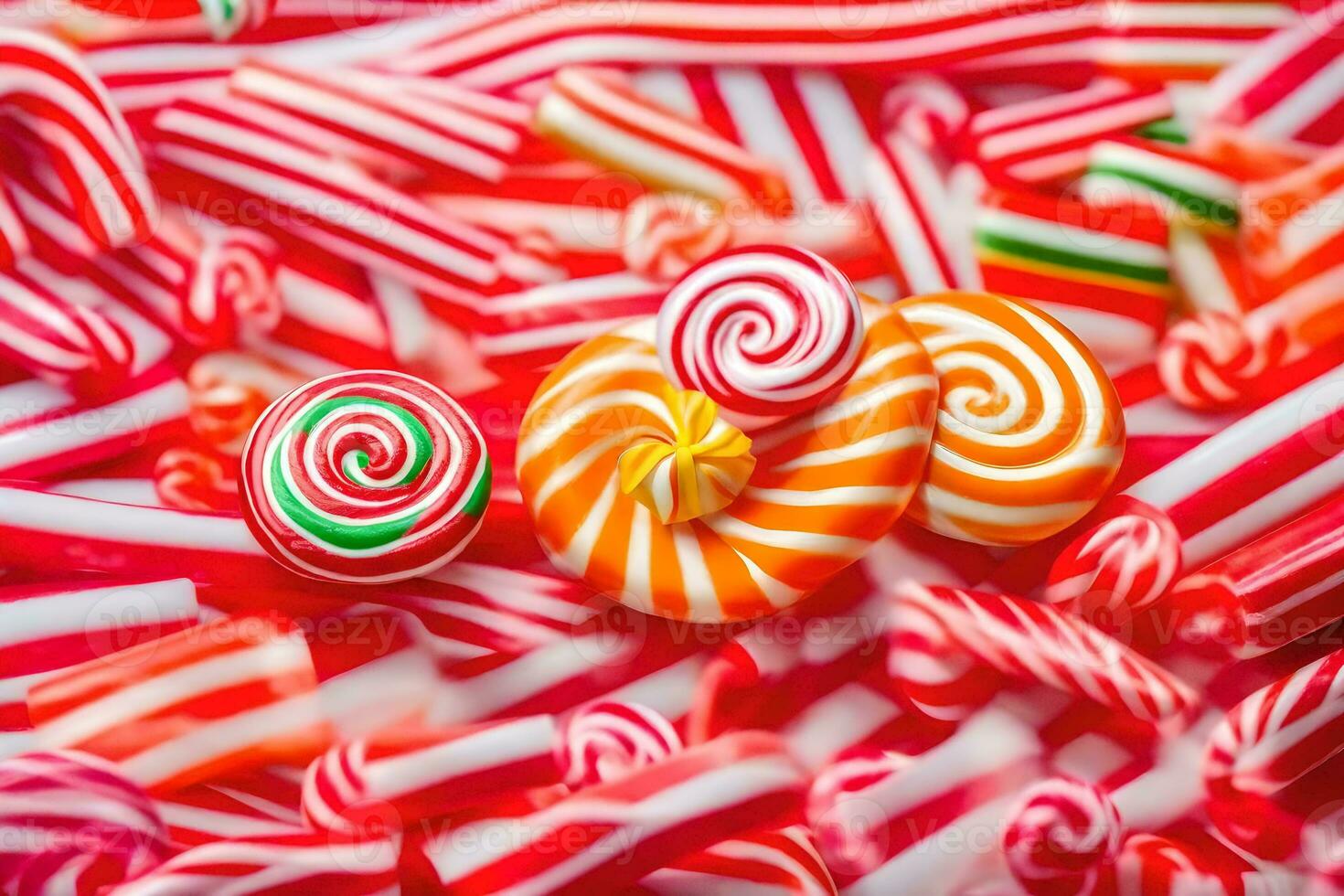 many colorful candy canes are arranged in a pile. AI-Generated photo