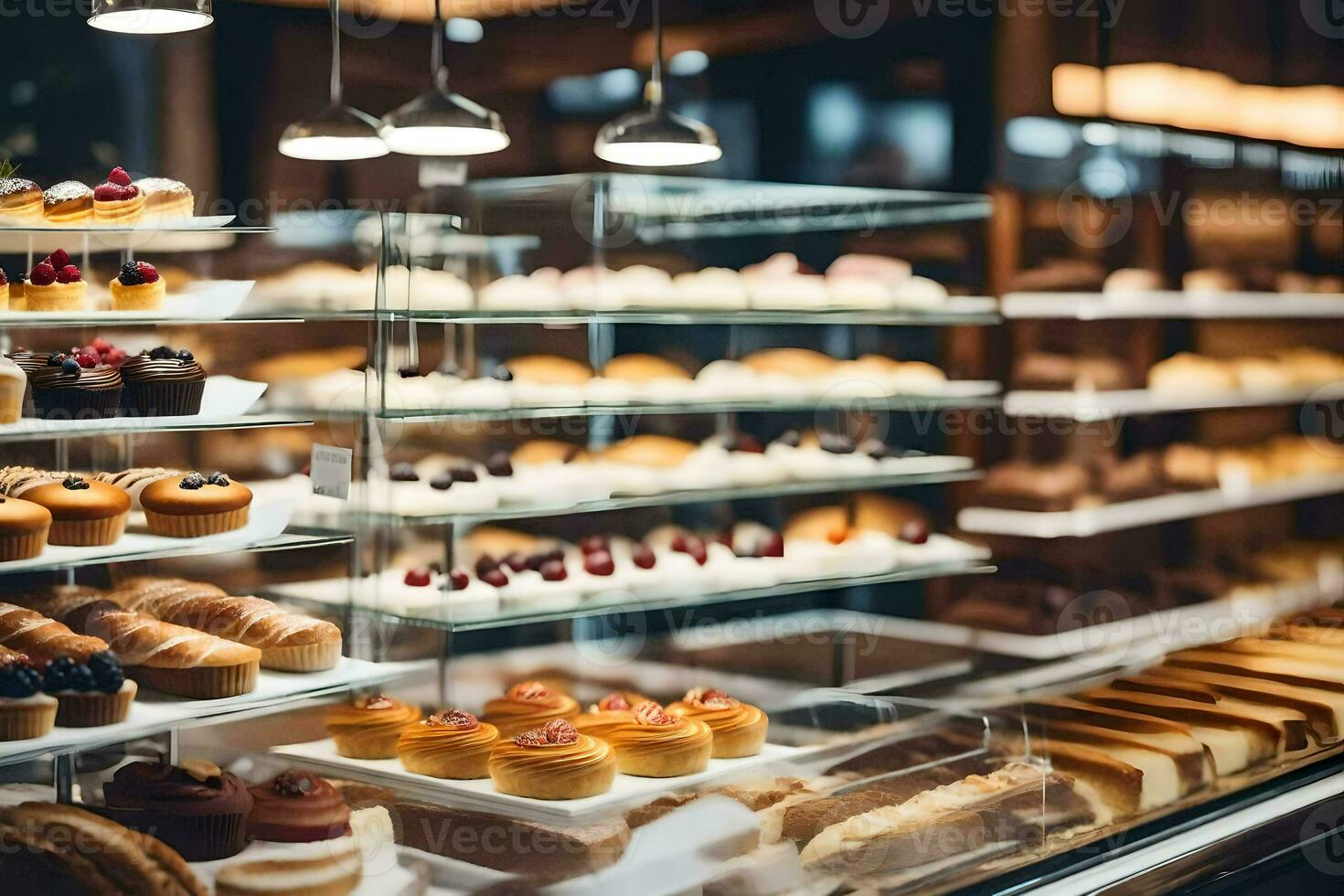 un panadería monitor caso con muchos diferente tipos de pasteles generado por ai foto