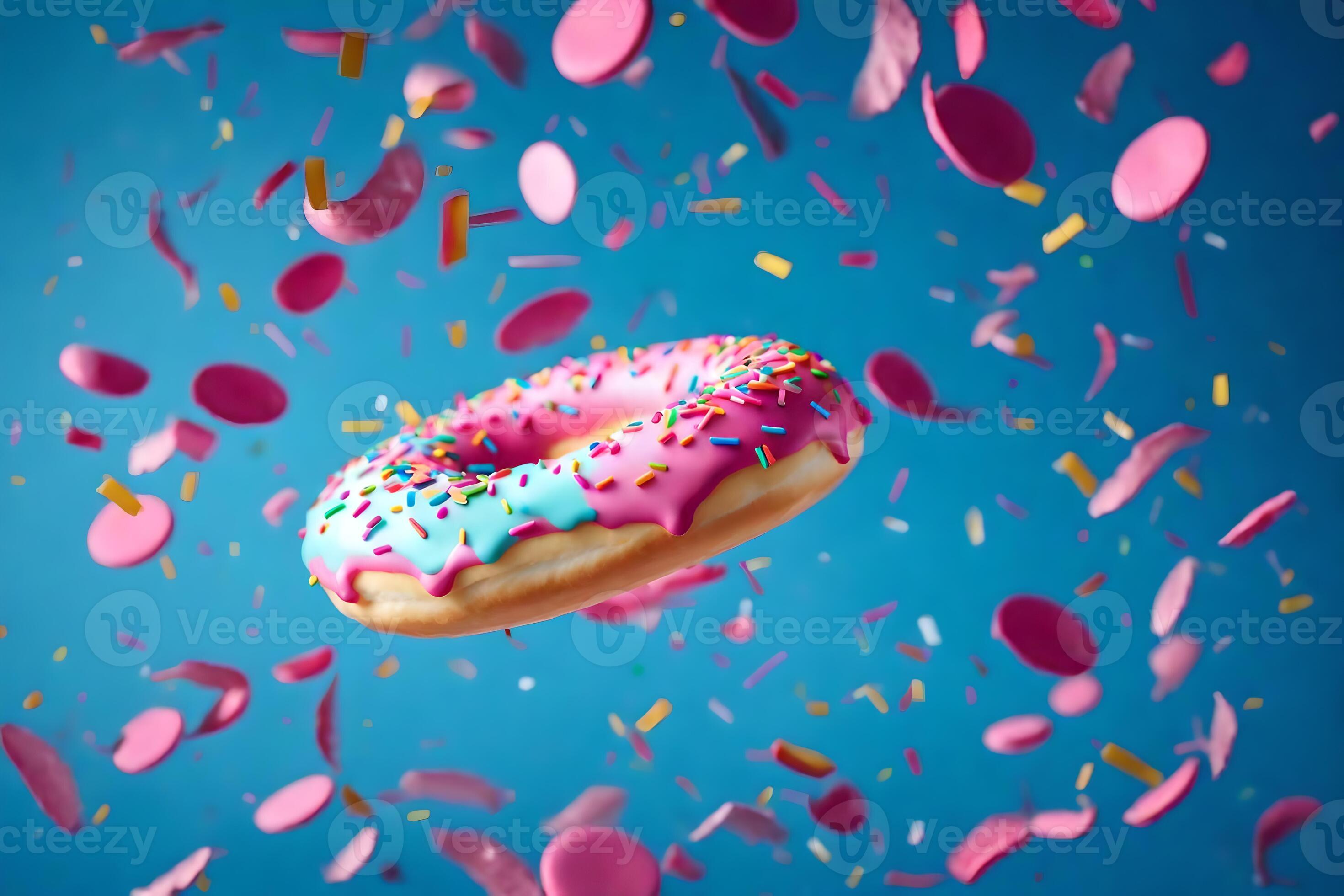 a donut with sprinkles and confetti falling from the sky. AIGenerated