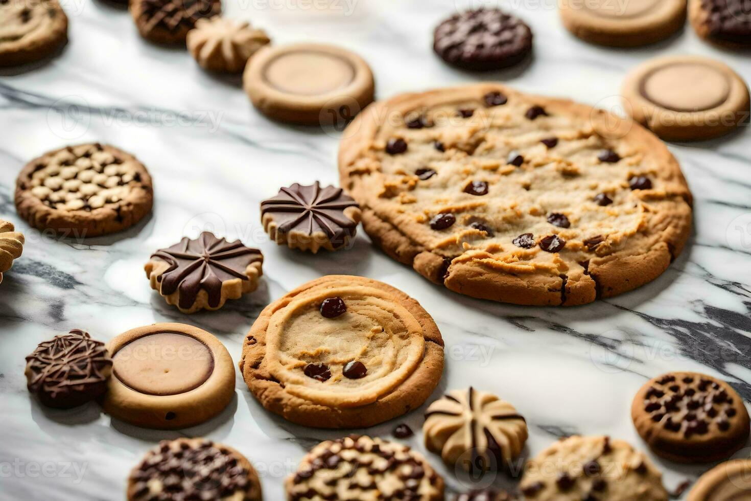 a cookie on a marble counter top. AI-Generated photo