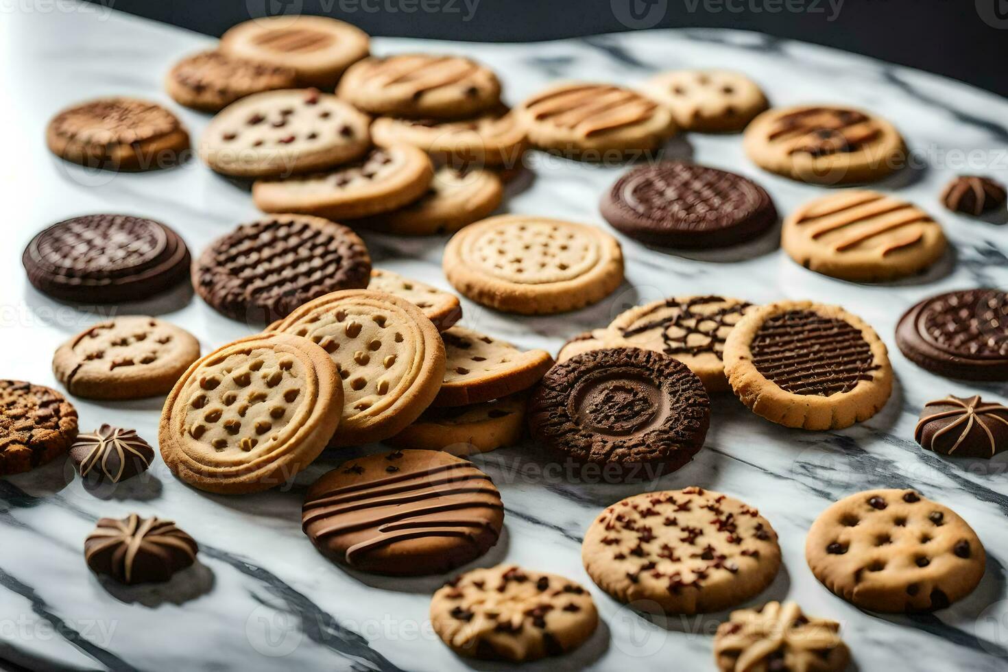 un variedad de galletas en un mármol mesa. generado por ai foto