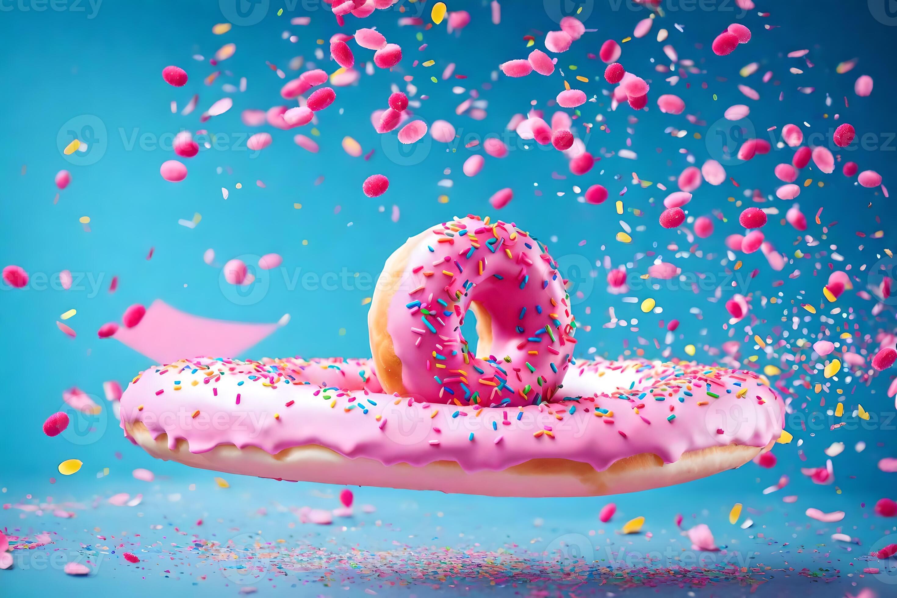 a pink donut with sprinkles and confetti falling from the sky. AI