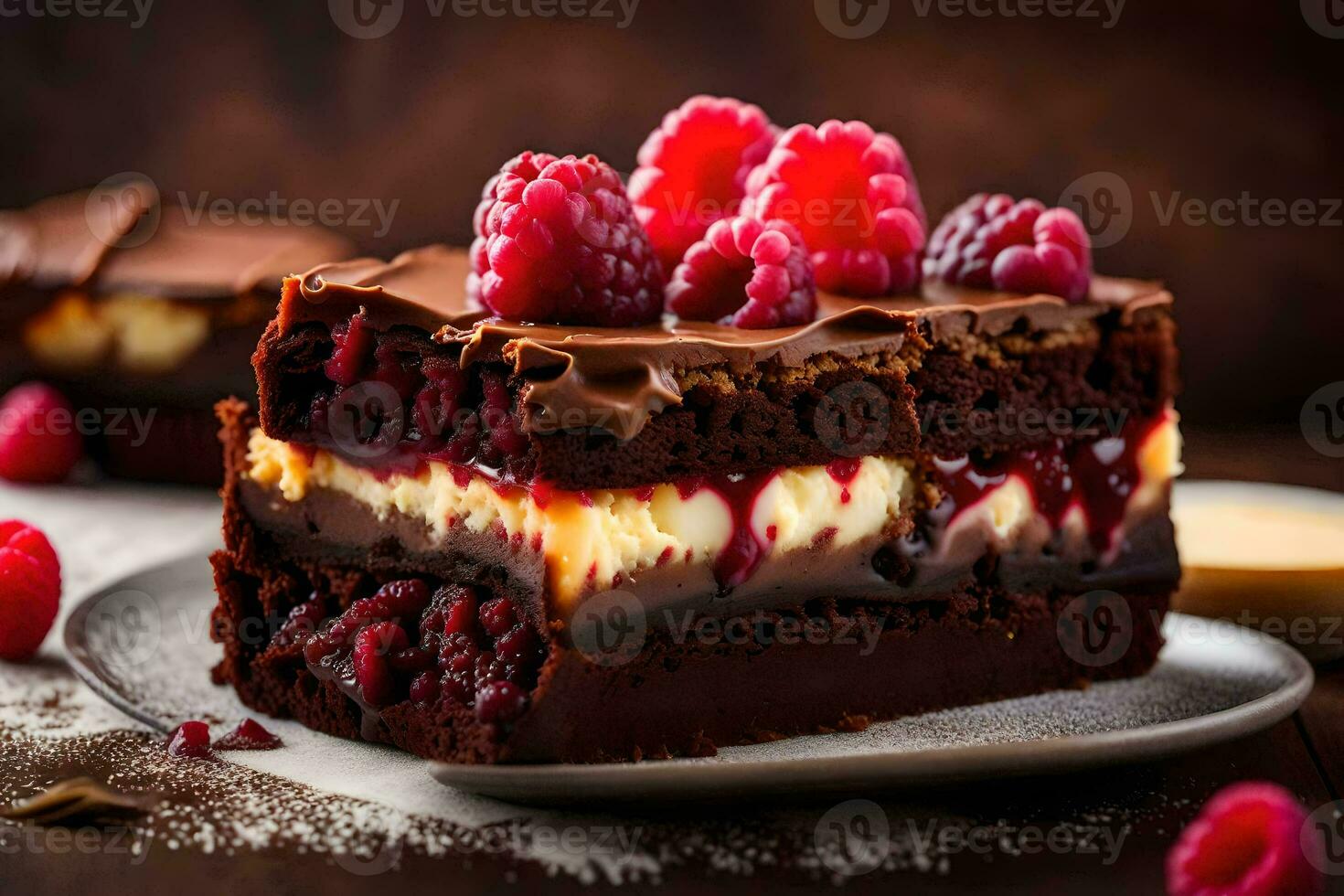 a piece of chocolate cake with raspberries on top. AI-Generated photo