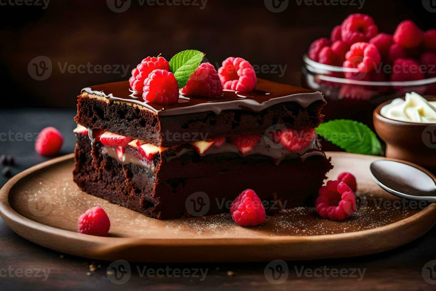 chocolate cake with raspberries and cream on a wooden plate. AI-Generated photo