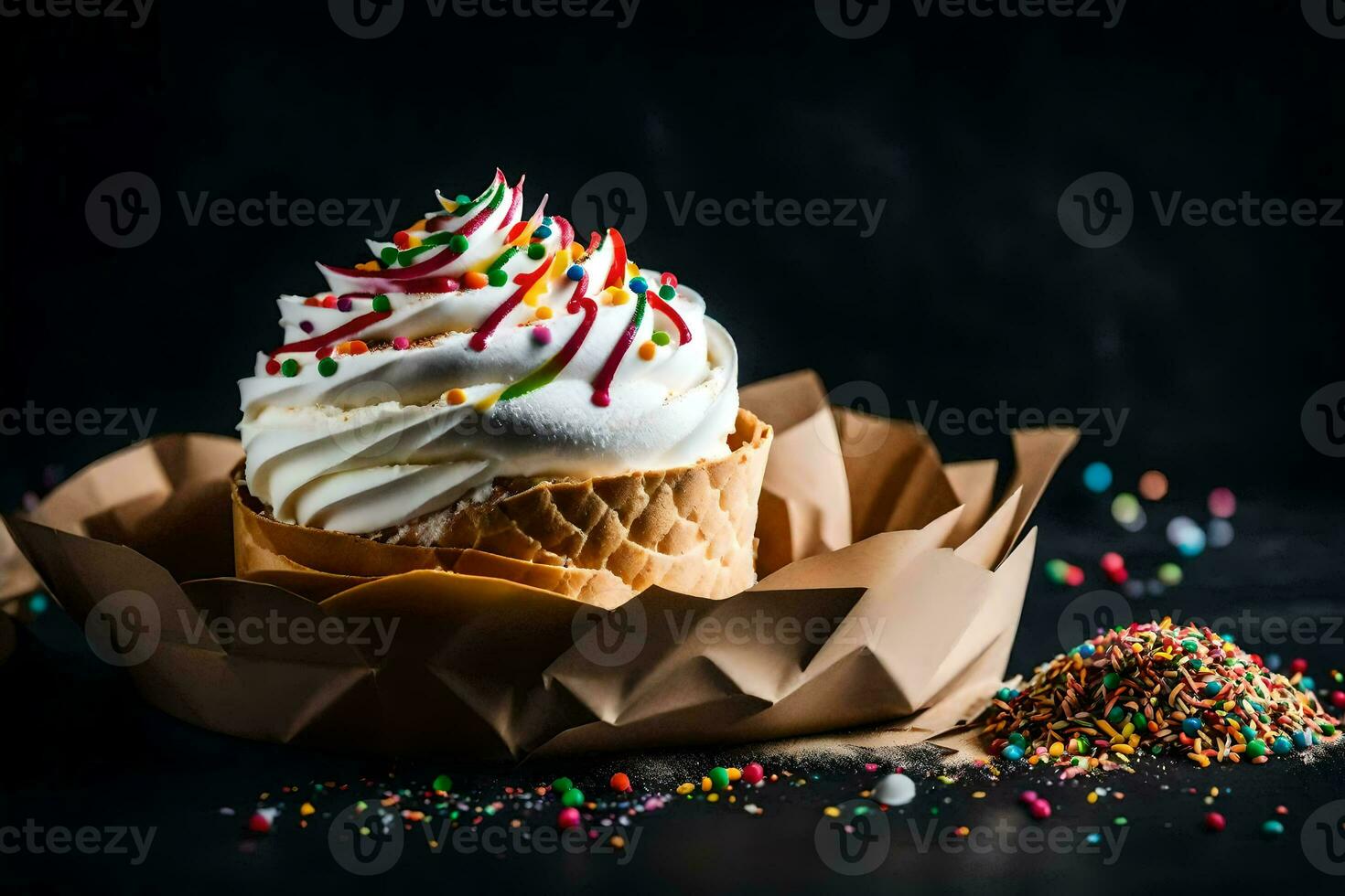 an ice cream cone with whipped cream and sprinkles. AI-Generated photo