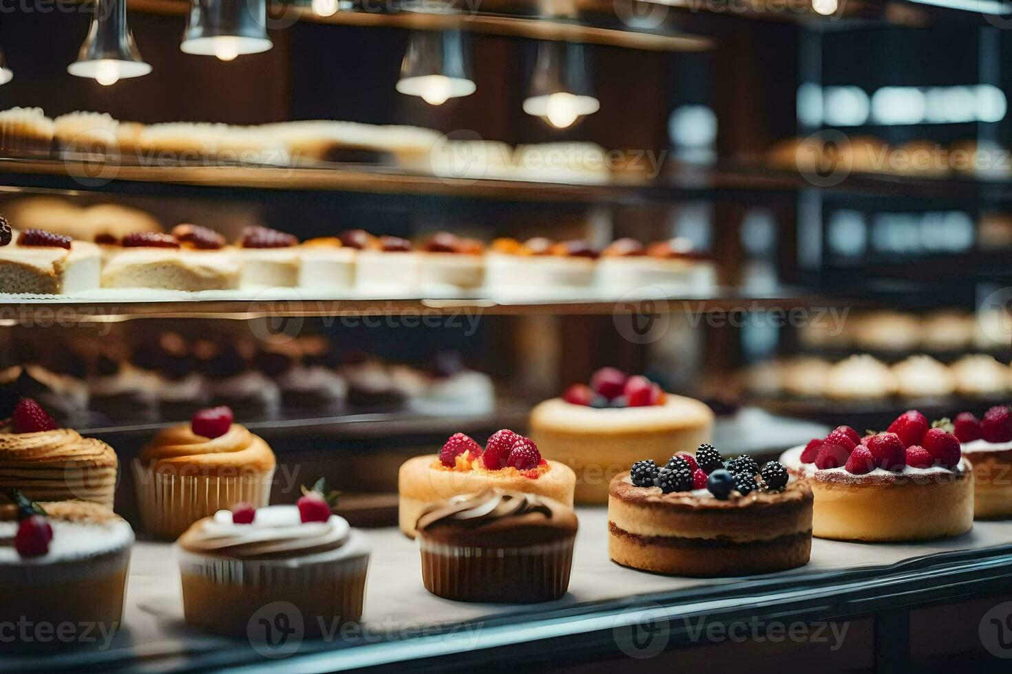 muchos diferente tipos de pasteles son en monitor en un panadería. generado por ai foto