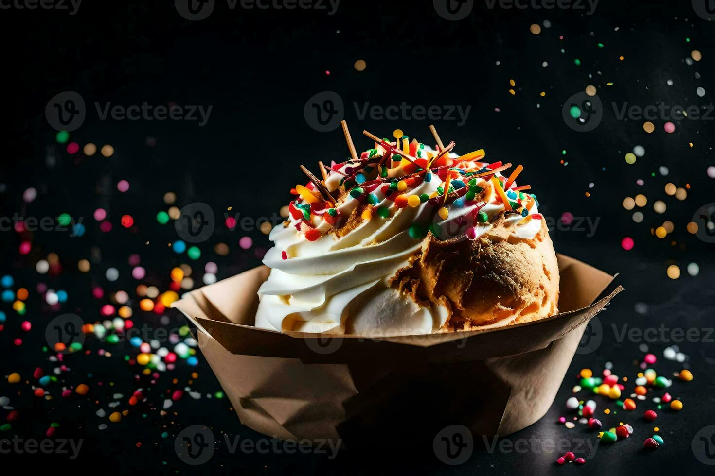 a cupcake with sprinkles and whipped cream. AI-Generated photo