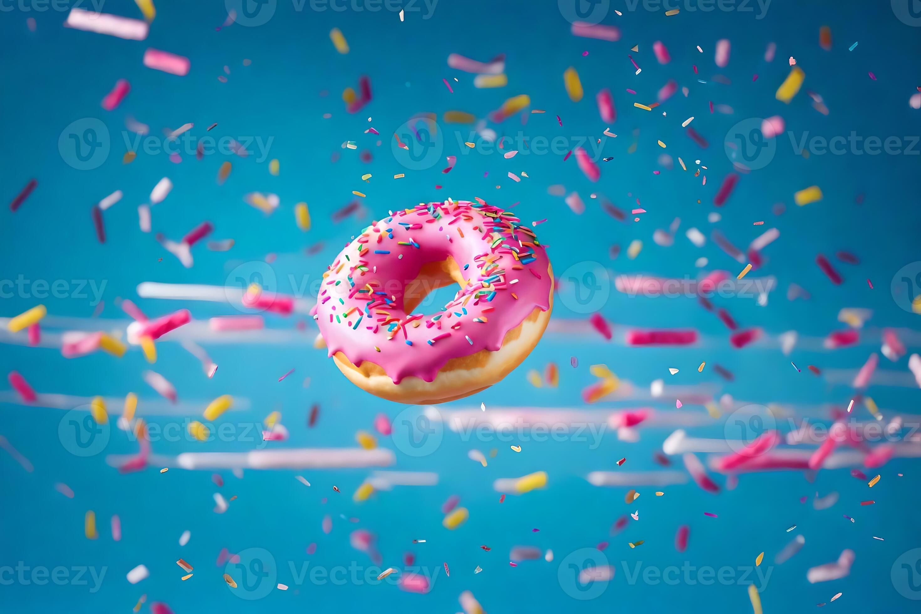 a donut with sprinkles and confetti falling from the sky. AIGenerated