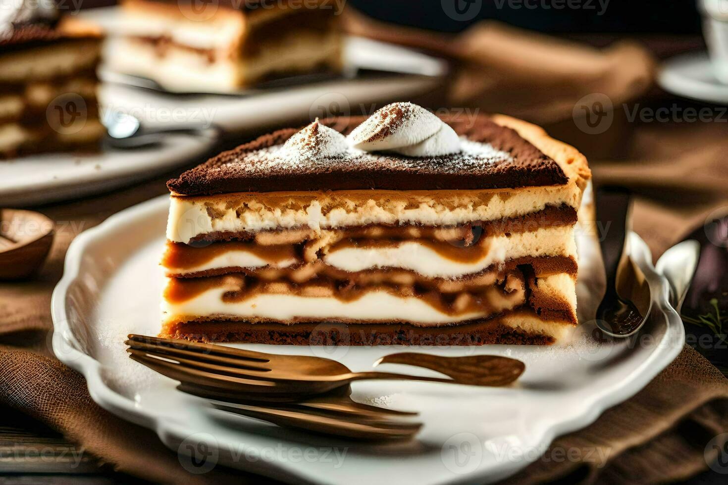 un rebanada de pastel en un plato con un tenedor. generado por ai foto