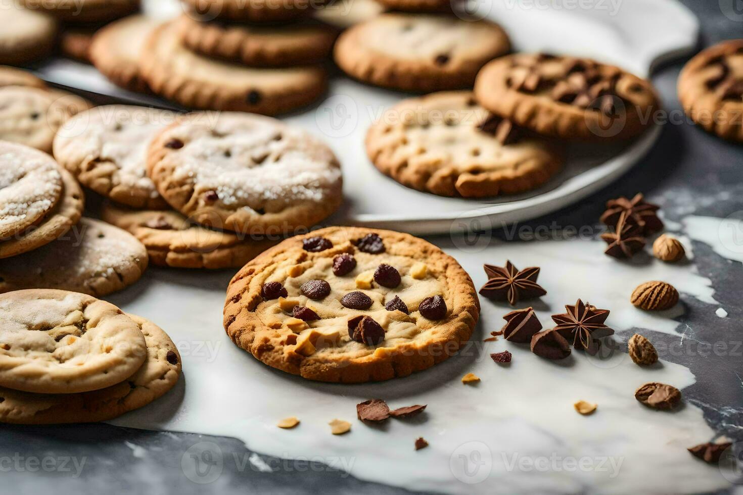 chocolate chip cookies on a marble surface. AI-Generated photo