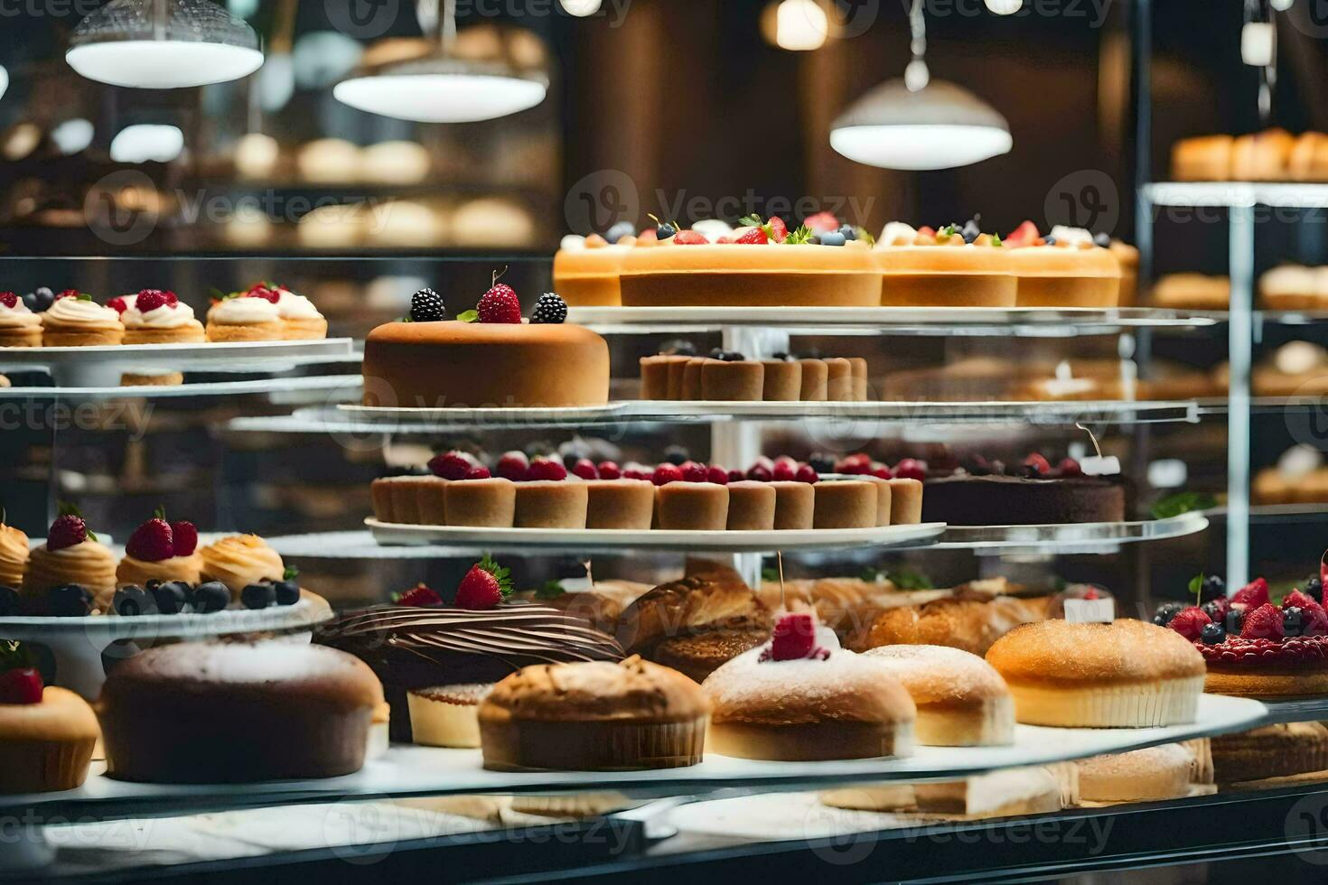 many different types of cakes are on display in a bakery. AI-Generated photo