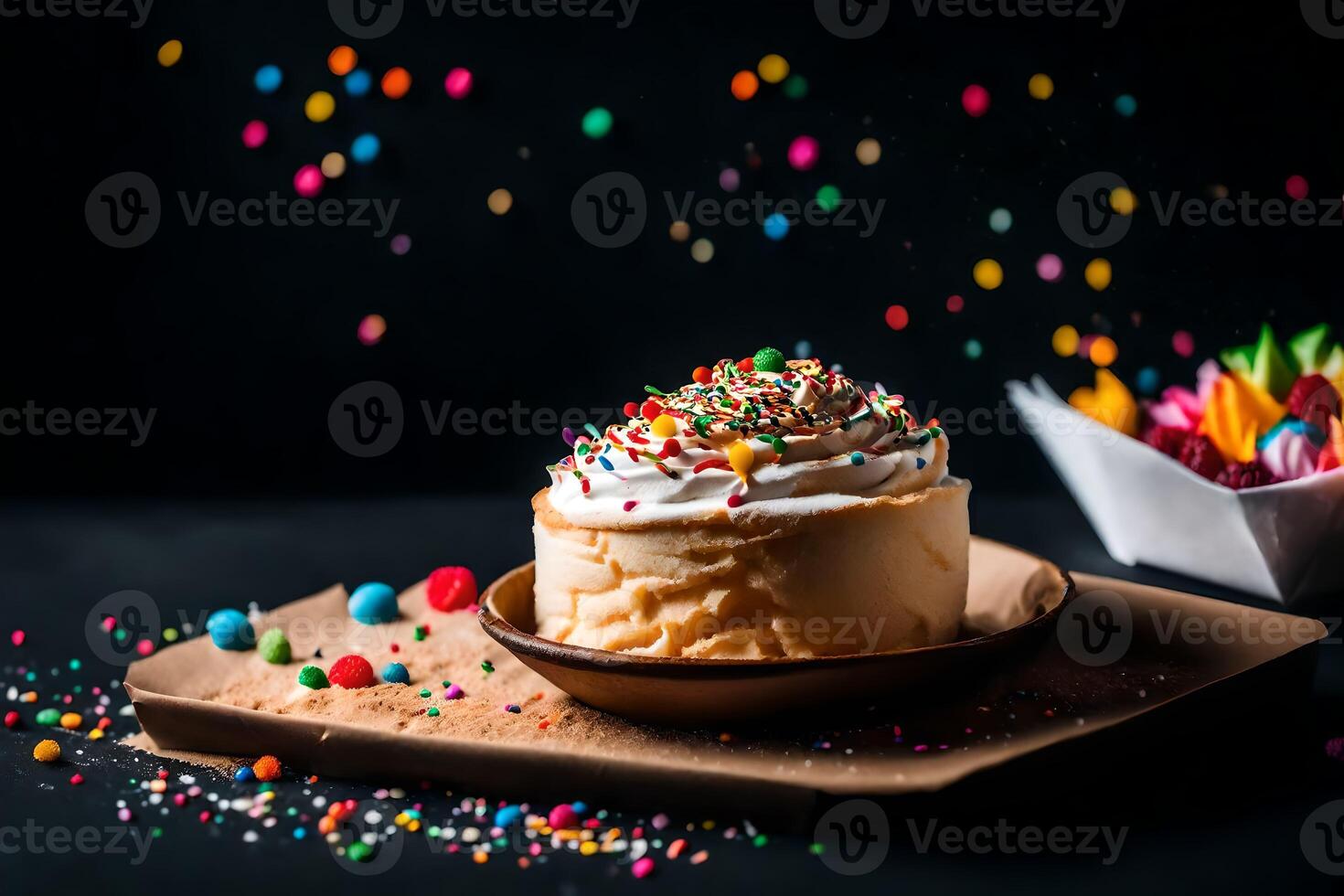 a cake with sprinkles and confetti on a black background. AIGenerated