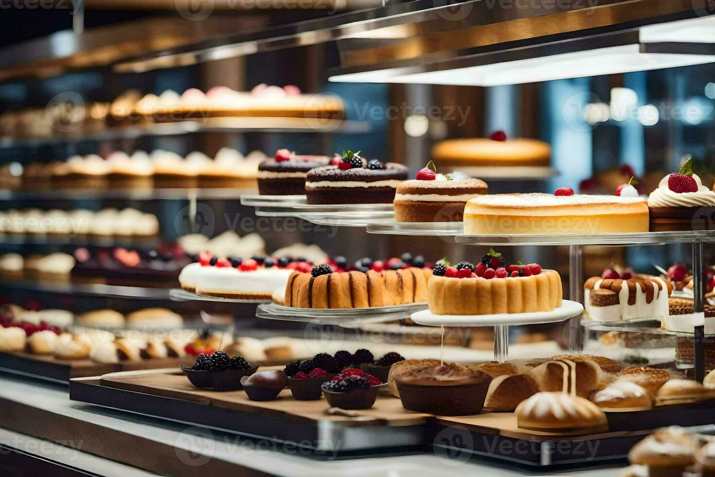 a bakery display with many different types of cakes. AI-Generated photo