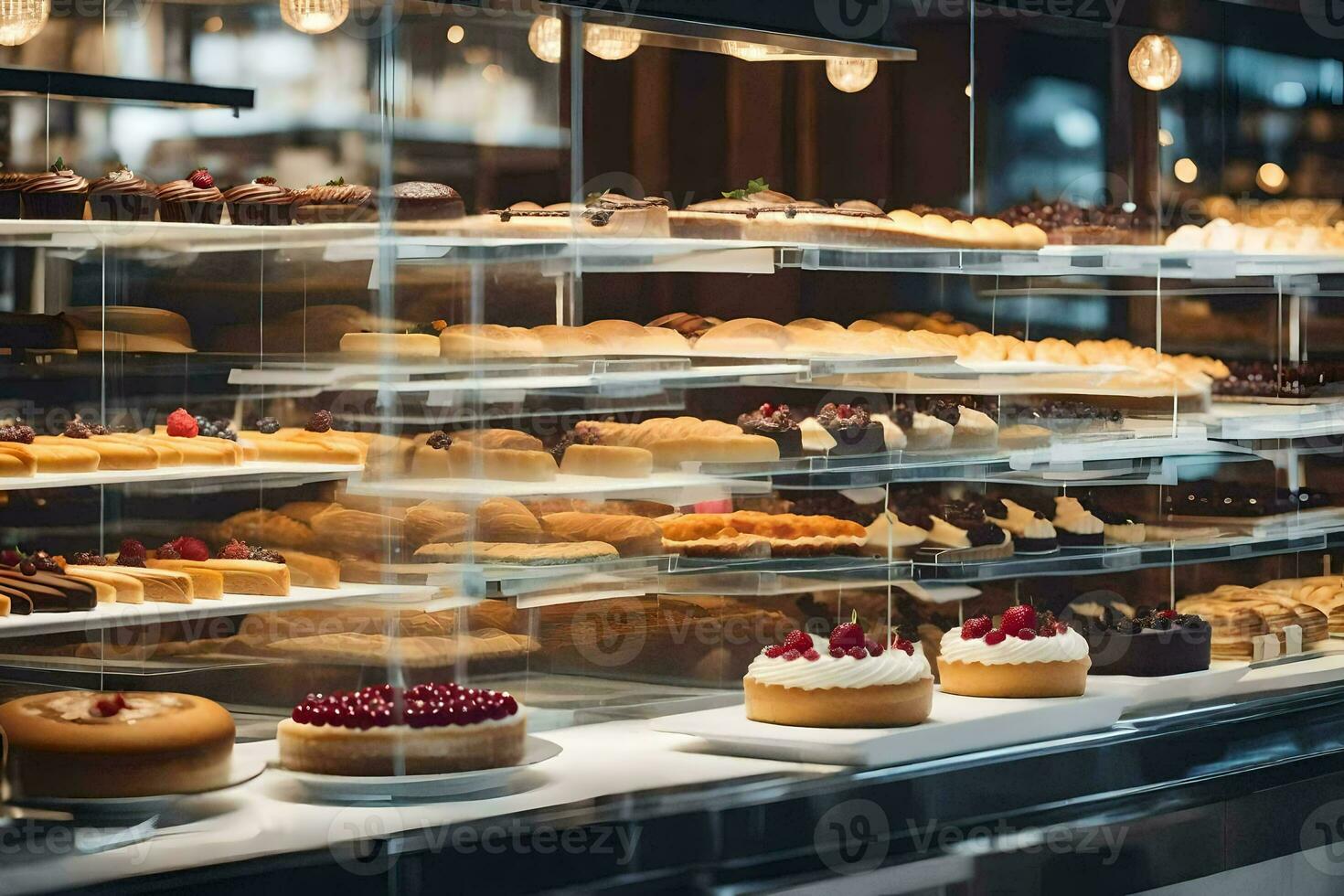 a bakery display case with many different types of pastries. AI-Generated photo