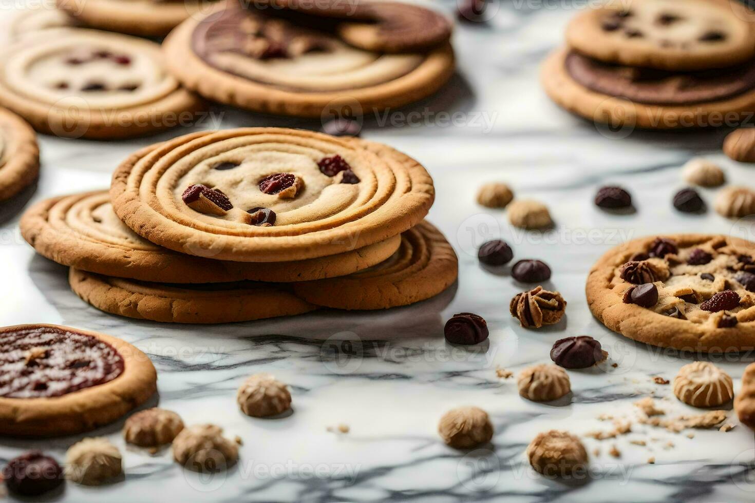 a variety of cookies on a marble surface. AI-Generated photo