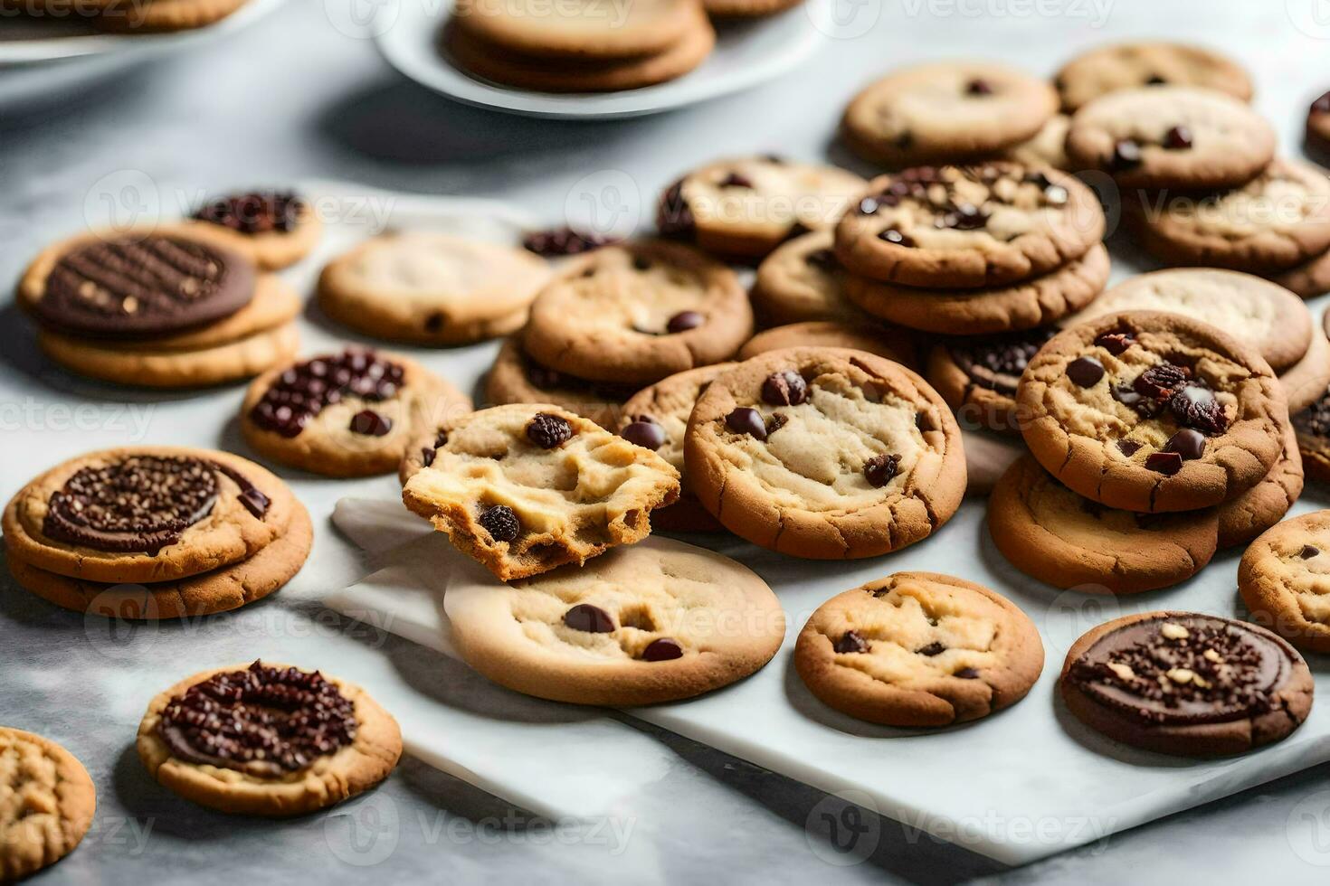 a collection of cookies on a marble counter. AI-Generated photo